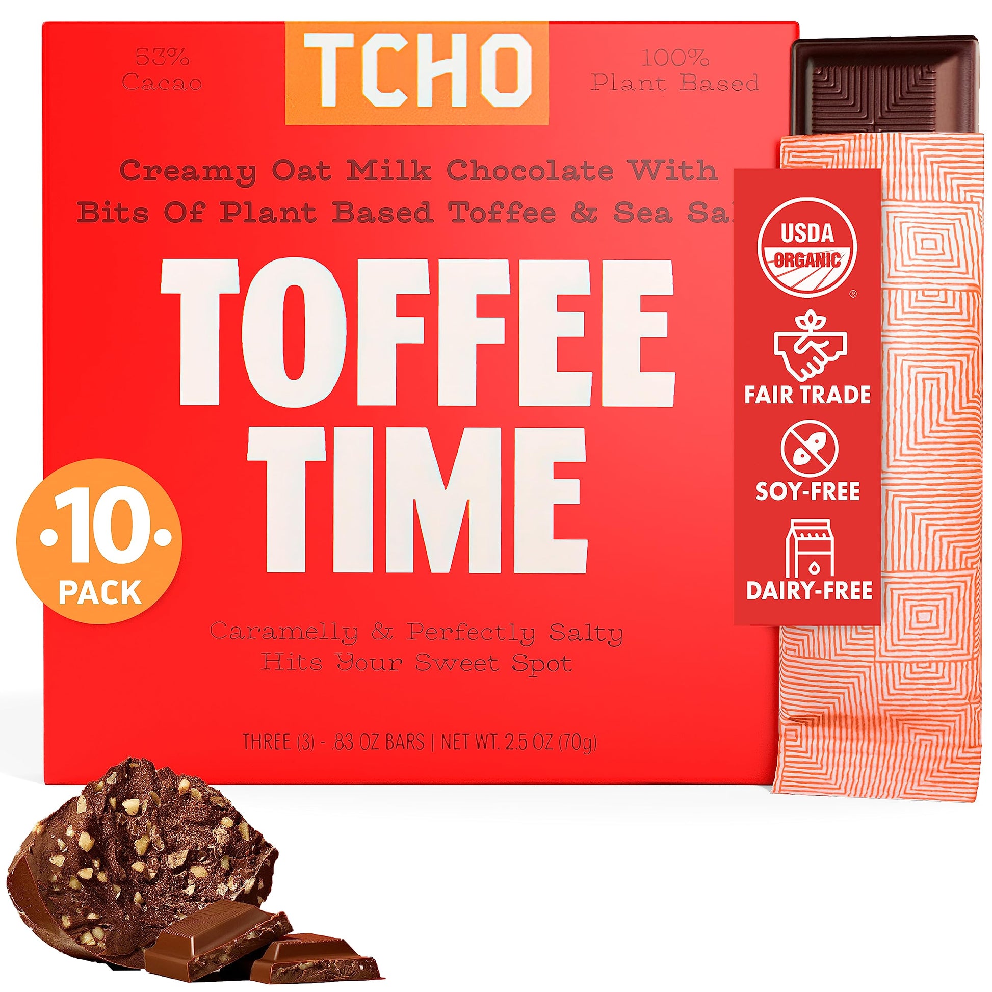 TCHO Toffee Time 53% Oat Milk Chocolate Bars (10 pack) | Plant Based, Organic & Fair Trade, | Non GMO, Non-Dairy, Vegan Chocolat