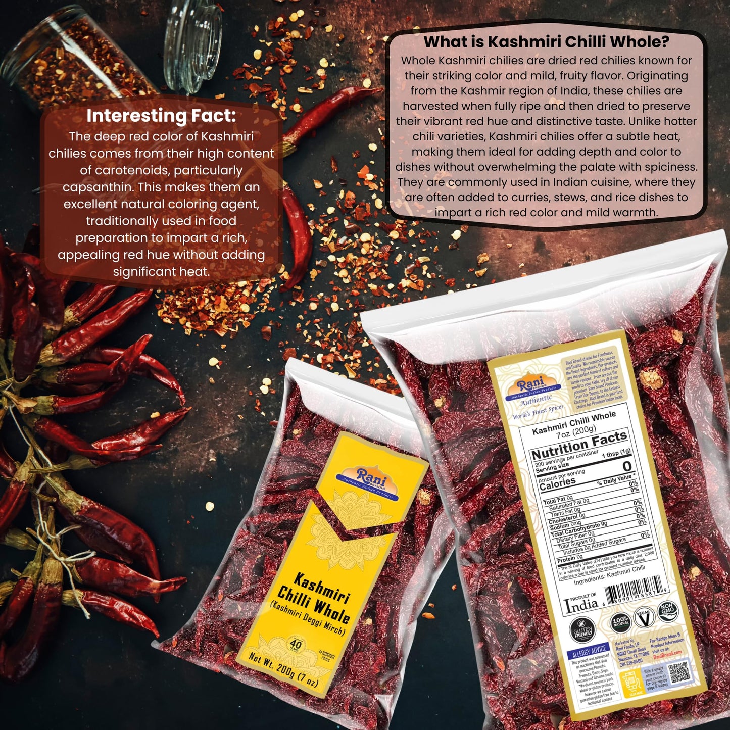 Rani Kashmiri Chilli Whole (Deggi Mirch, Low Heat) 7Oz (200G) ~ Natural | Salt-Free | Vegan | No Colors | Gluten Friendly | Non-