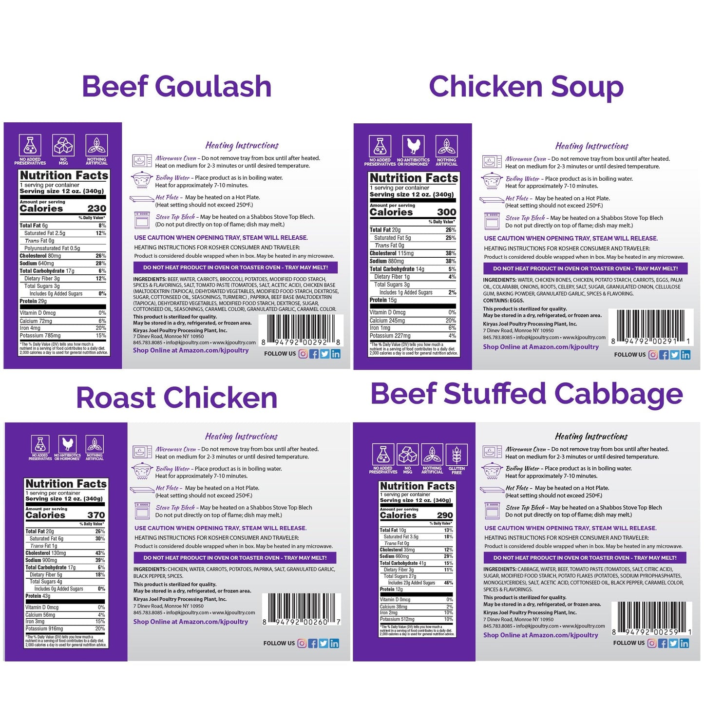 Kj Poultry Kosher For Passover Gluten Free Meals, Matzo Ball Chicken Soup + Beef Goulash + Roast Chicken + Stuffed Cabbage (4 Pa