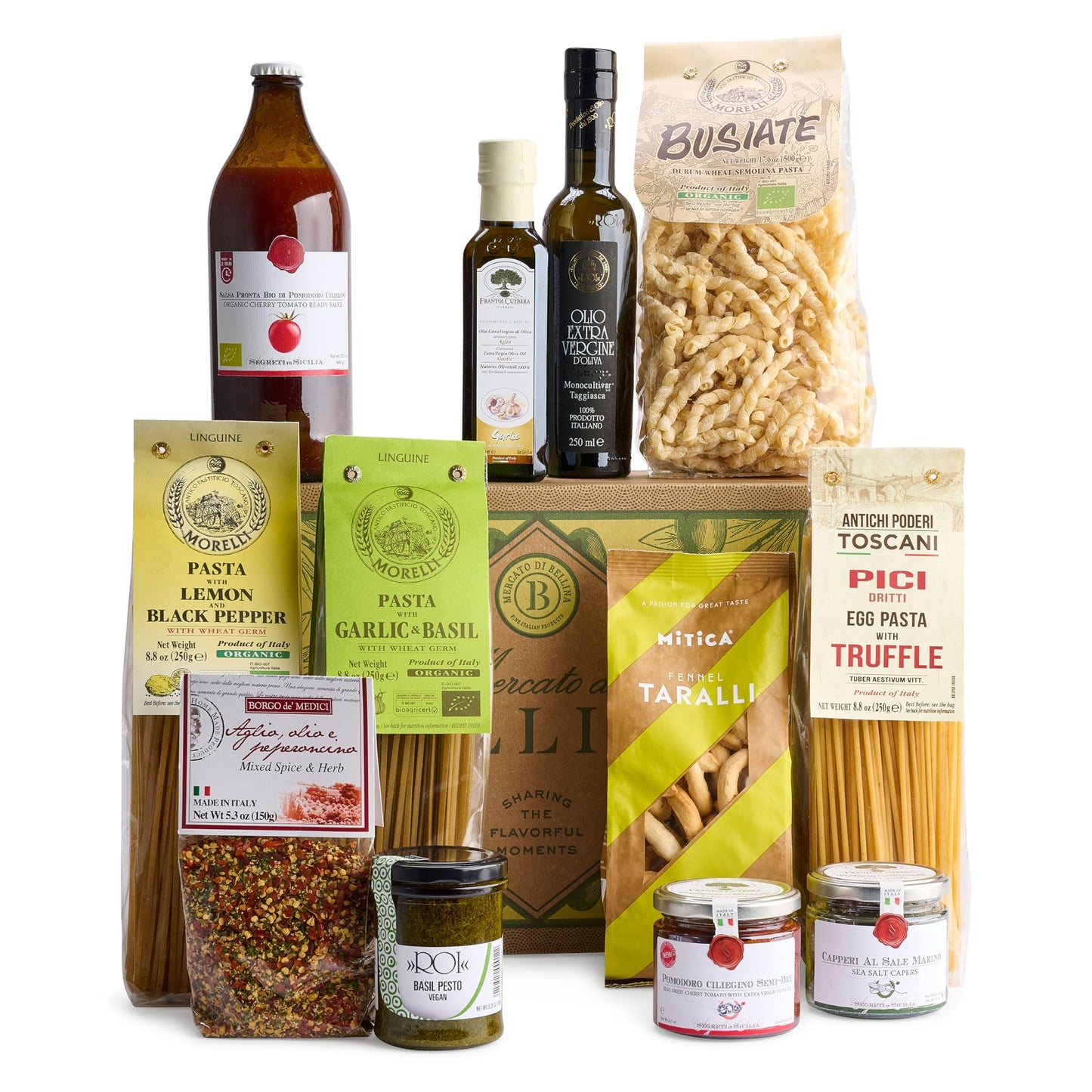 Mercato di Bellina Italys Finest Artisanal Italian Food Gift Basket - All Natural Gourmet Pasta Gift Basket. Ideal for Holiday  Sympathy  Congratulations  Anniversary or Celebration. Taste of Italy.