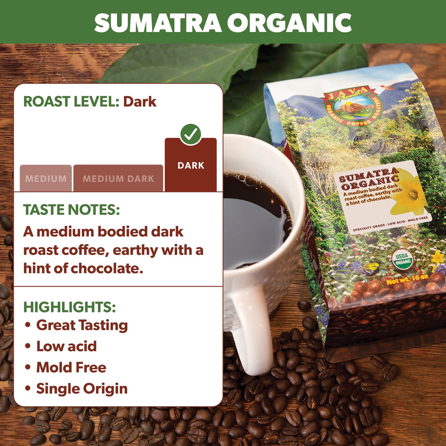 Java Planet Organic, Sumatra Single Origin Dark Roast, Smooth Full Flavored Organic Coffee Beans, Low Acid, Whole Bean Coffee 5L