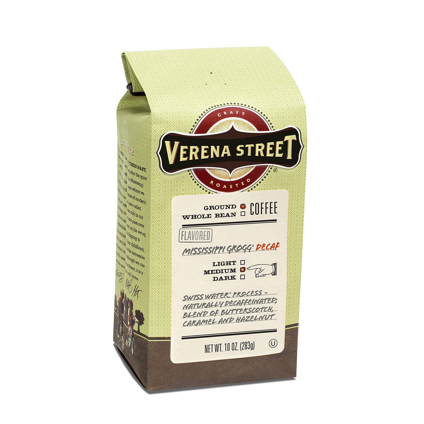 Verena Street Ground Coffee, Swiss Water Process Decaf, Medium Roast, 10 Ounce