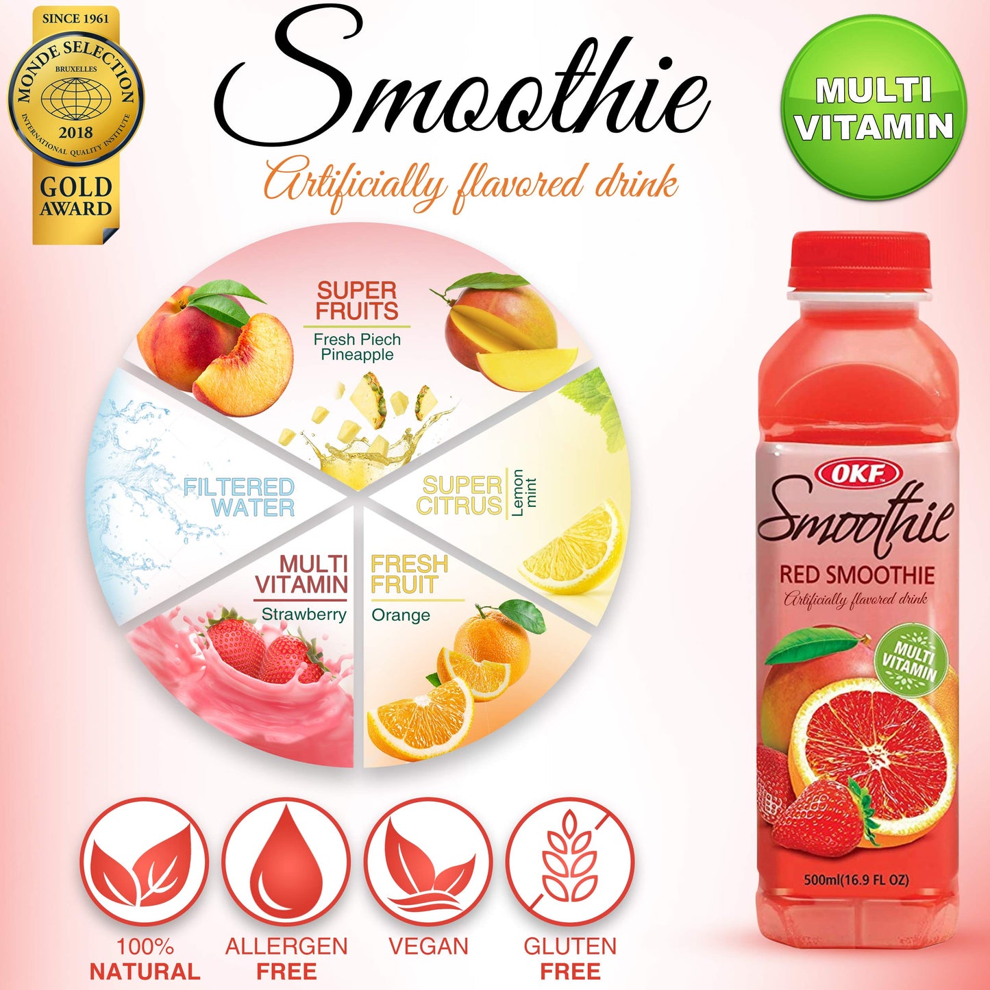 OKF Smoothie Multi Vitamin Drink, 16.9 Fl Oz, Pack of 6, Red
