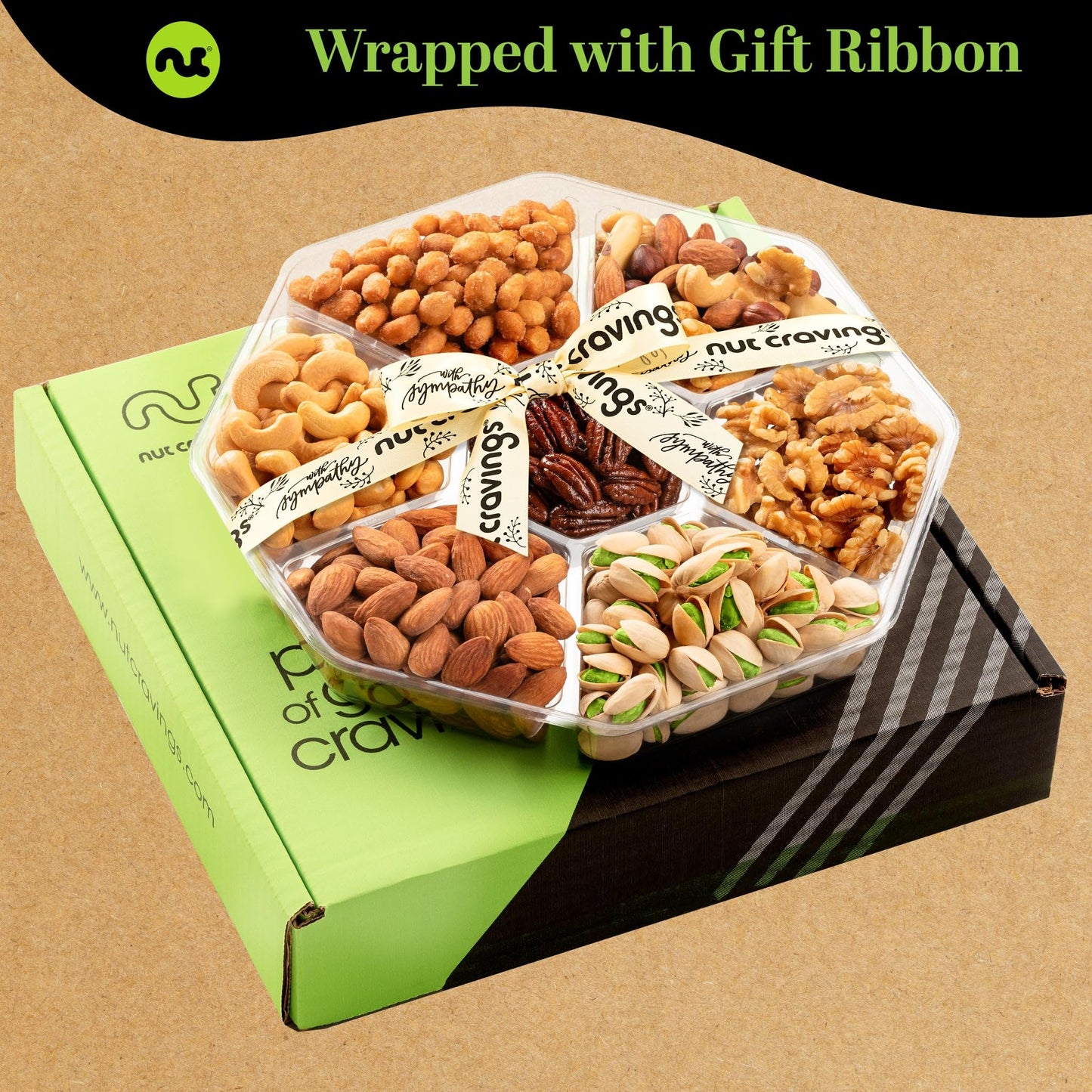 Sympathy Nuts Gift Basket With Sympathy Ribbon + Greeting Card (7 Assortments) Gourmet Food Bouquet Platter, Condolence Care Pac
