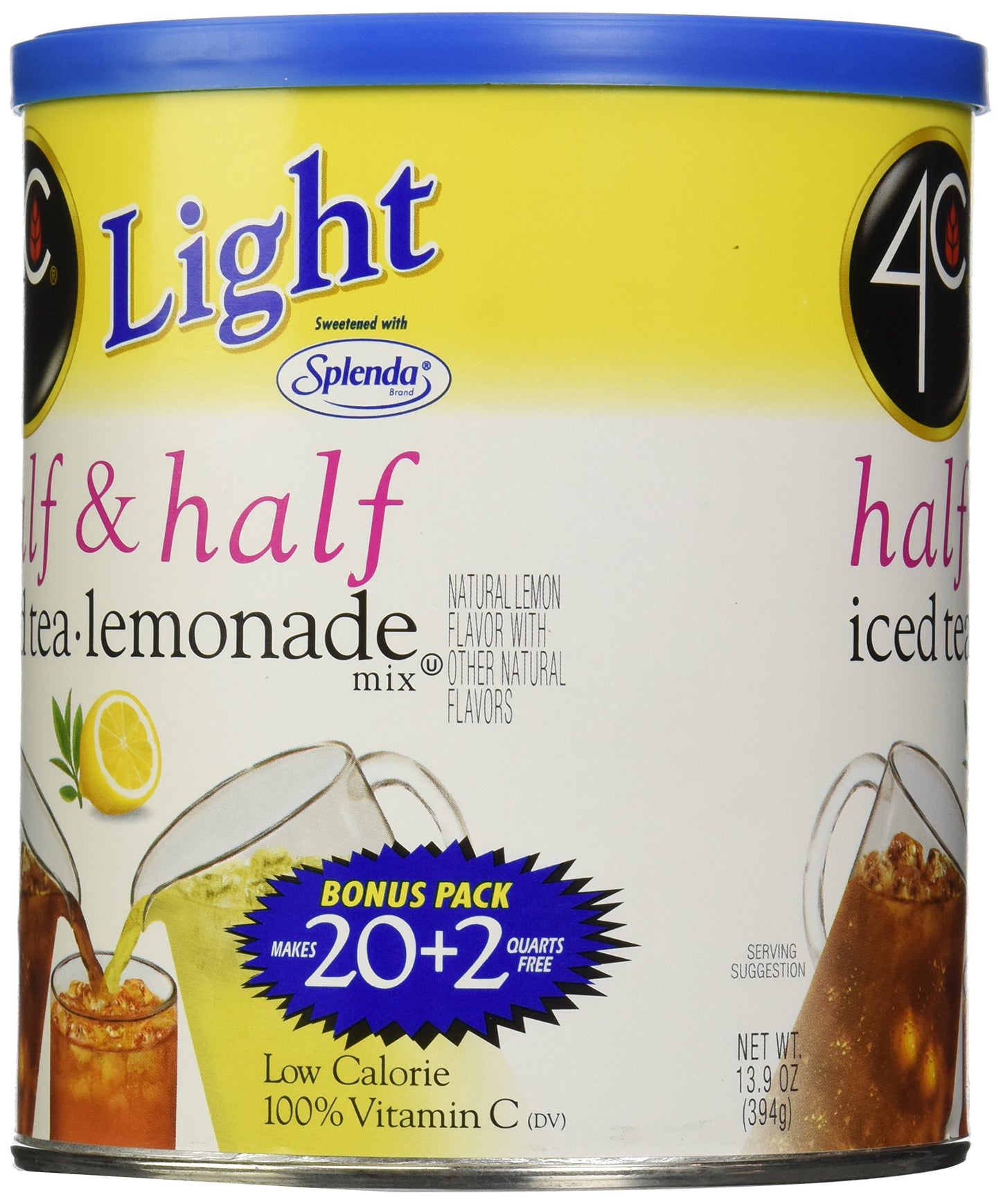 4C Zero Sugar Powdered Drink Mix, Half & Half, 22 Quarts, Family Sized Cannister, 13.9 Ounce, Low Calorie