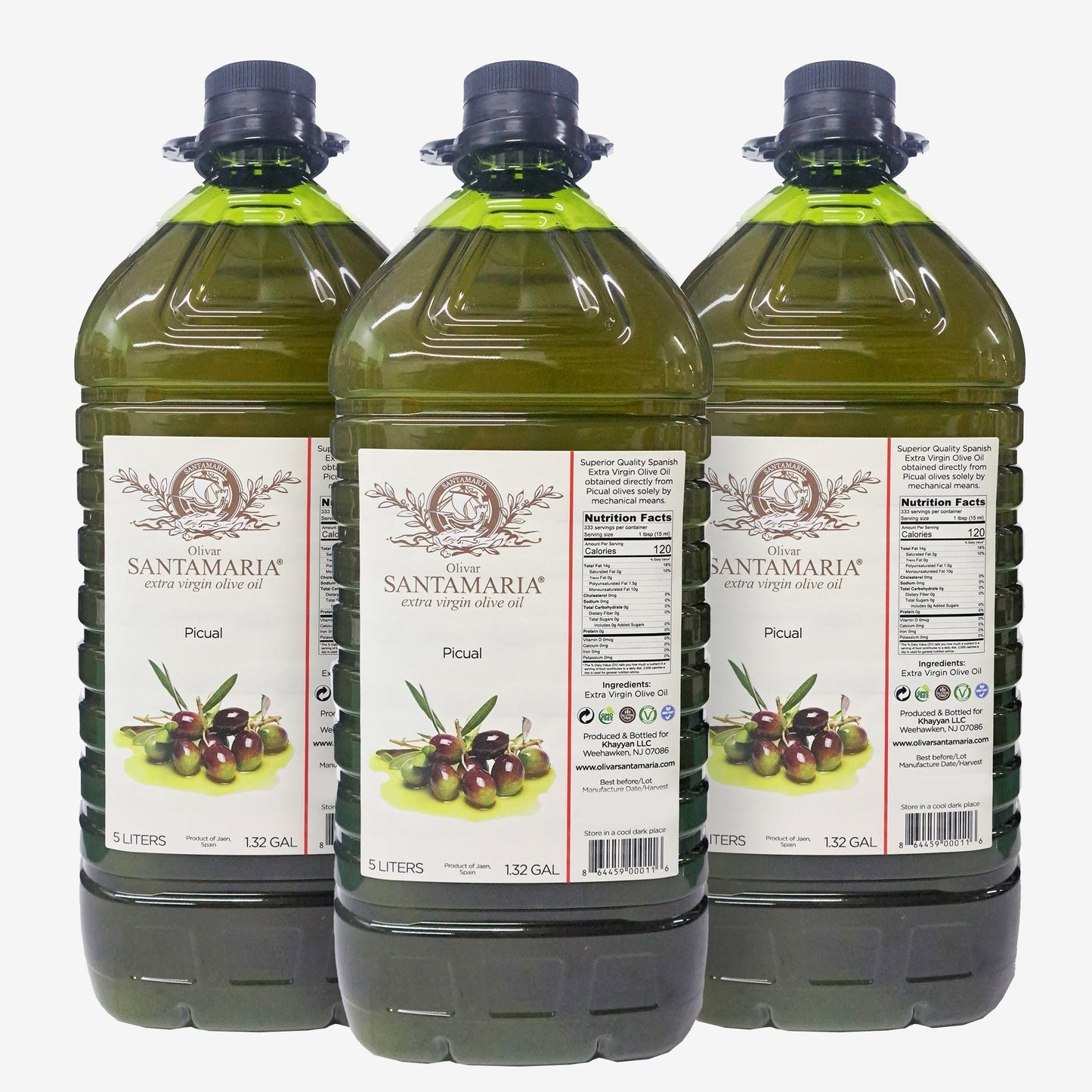 Olivar Santamaria | Extra Virgin Olive Oil | Enhanced Picual Variety | First Cold Pressed | Sdiscomfort-Reducing | High Polyphenol | Perfect For Salad Dressings | Cooking | Frying & Marinades | 169.07 Fl Oz (5 Liter) (Pack Of 3)