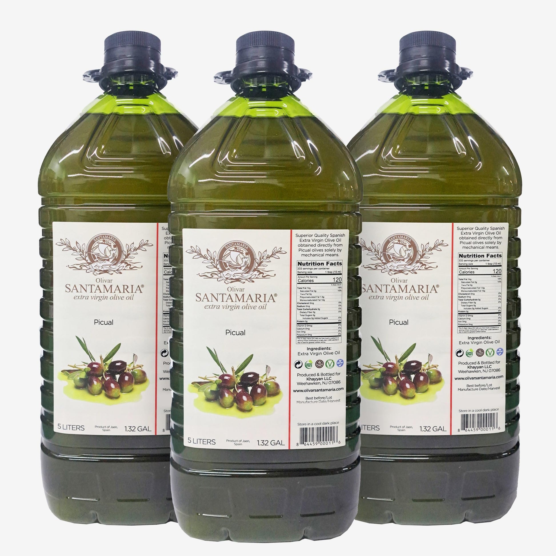 Olivar Santamaria | Extra Virgin Olive Oil | Enhanced Picual Variety | First Cold Pressed | Sdiscomfort-Reducing | High Polyphenol | Perfect For Salad Dressings | Cooking | Frying & Marinades | 169.07 Fl Oz (5 Liter) (Pack Of 3)