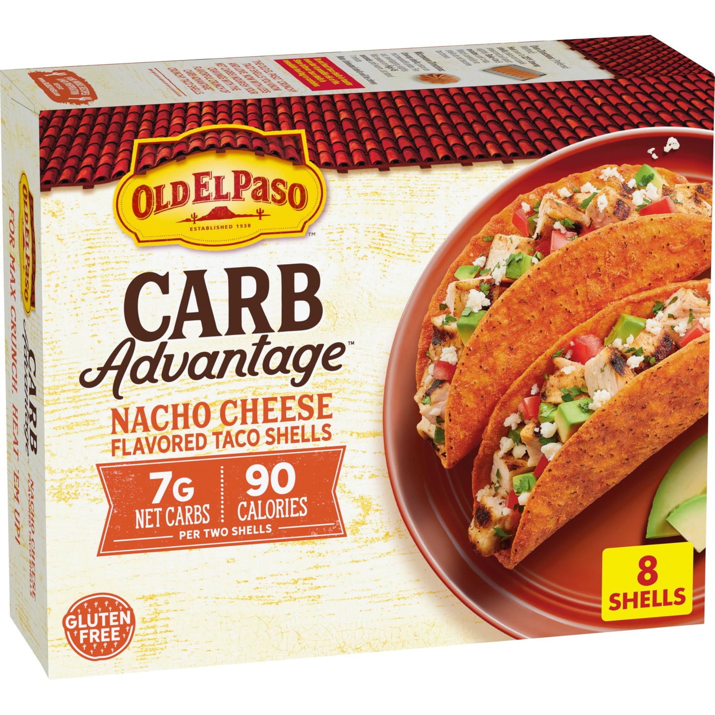 Old El Paso Carb Advantage Taco Shells  Nacho Cheese Flavored  7g Net Carbs  90 Calories  Gluten Free Crunchy Taco Shells  8 Count  3.95 oz