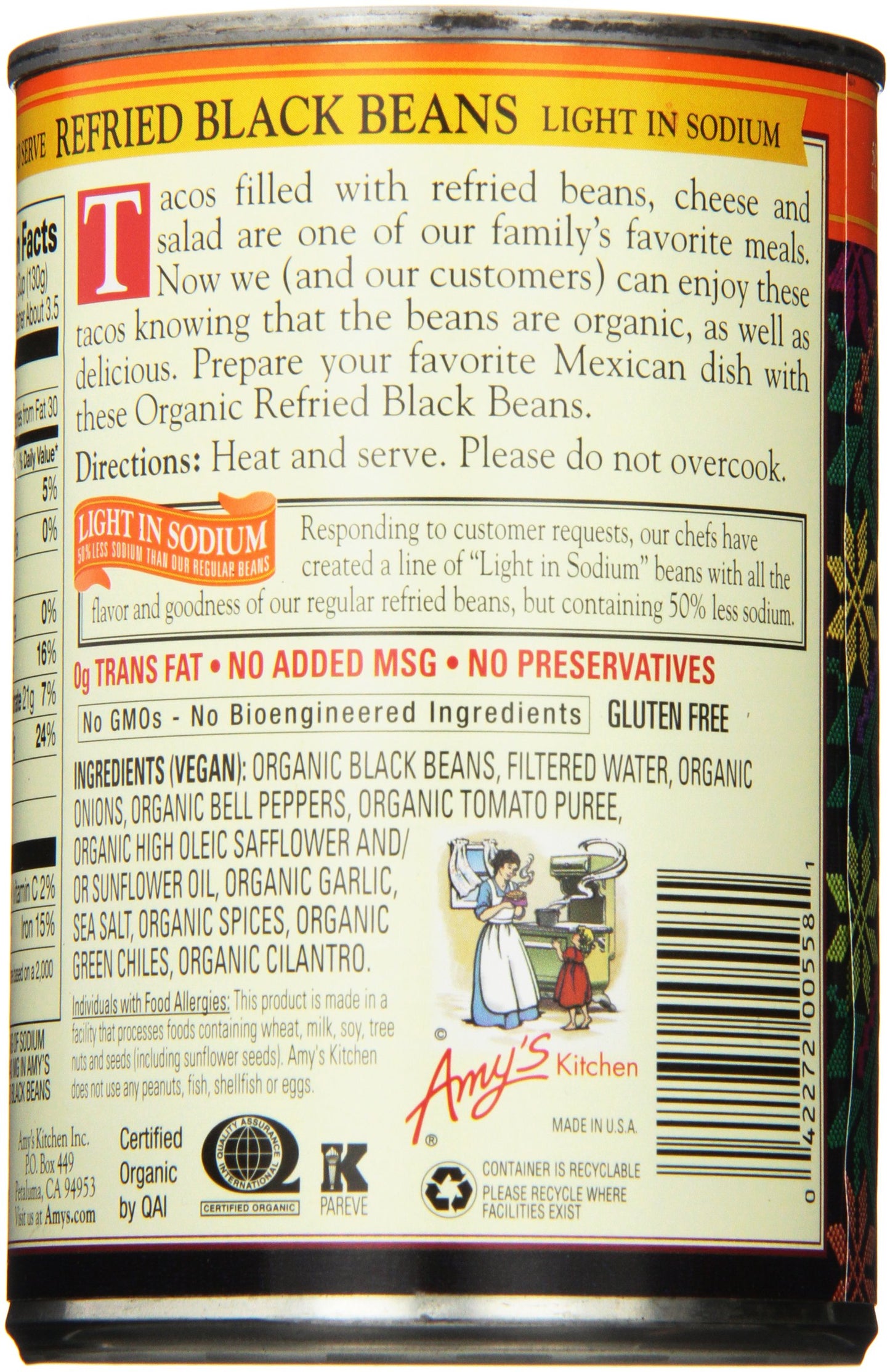 Amys Organic Refried Black Beans, Light in Sodium, Vegan, Gluten Free, 15.4 Oz (6 Pack), Model 000558