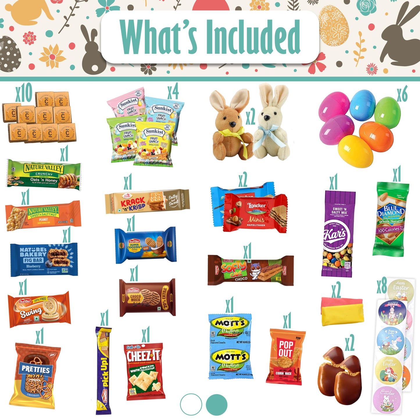Easter Blue Round Willow Basket (70 Ct) Filled With Treats, Snacks, Candy, Peelable Gummies, Marshmallow Gummies, Bunny And More