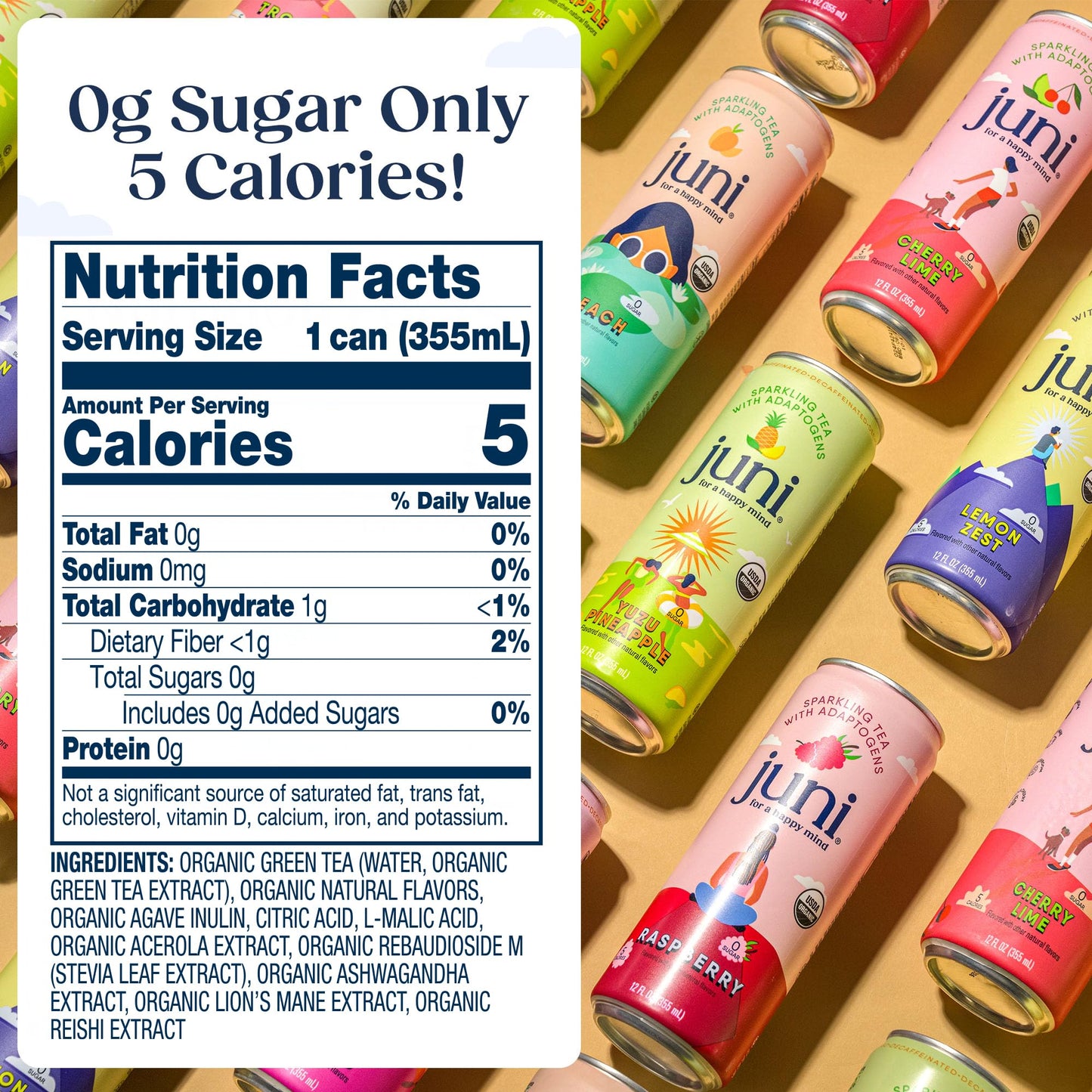 JUNI Sparkling Adaptogen Drink, Variety Pack (12 Pack), 12 Fl Oz Each, Zero Sugar, Non-  ic, Decaffeinated