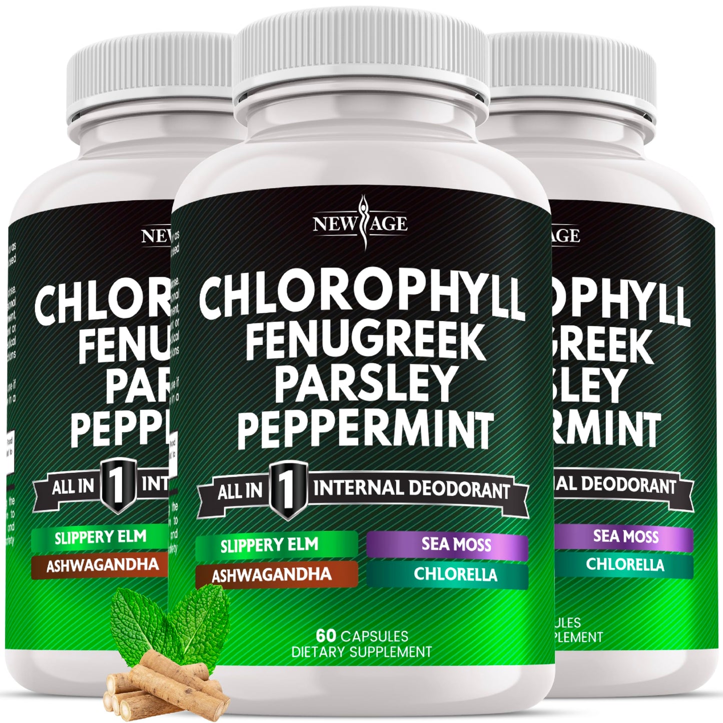 New Age Chlorophyll Fenugreek Units - Dietary Support Internal Deodorant Peppermint- Fenugreek 20:1  Sea Moss  Parsley  Chlorella  Spirulina  Slippery Elm  Ashwagandha  All In 1 Greens- 180 Count