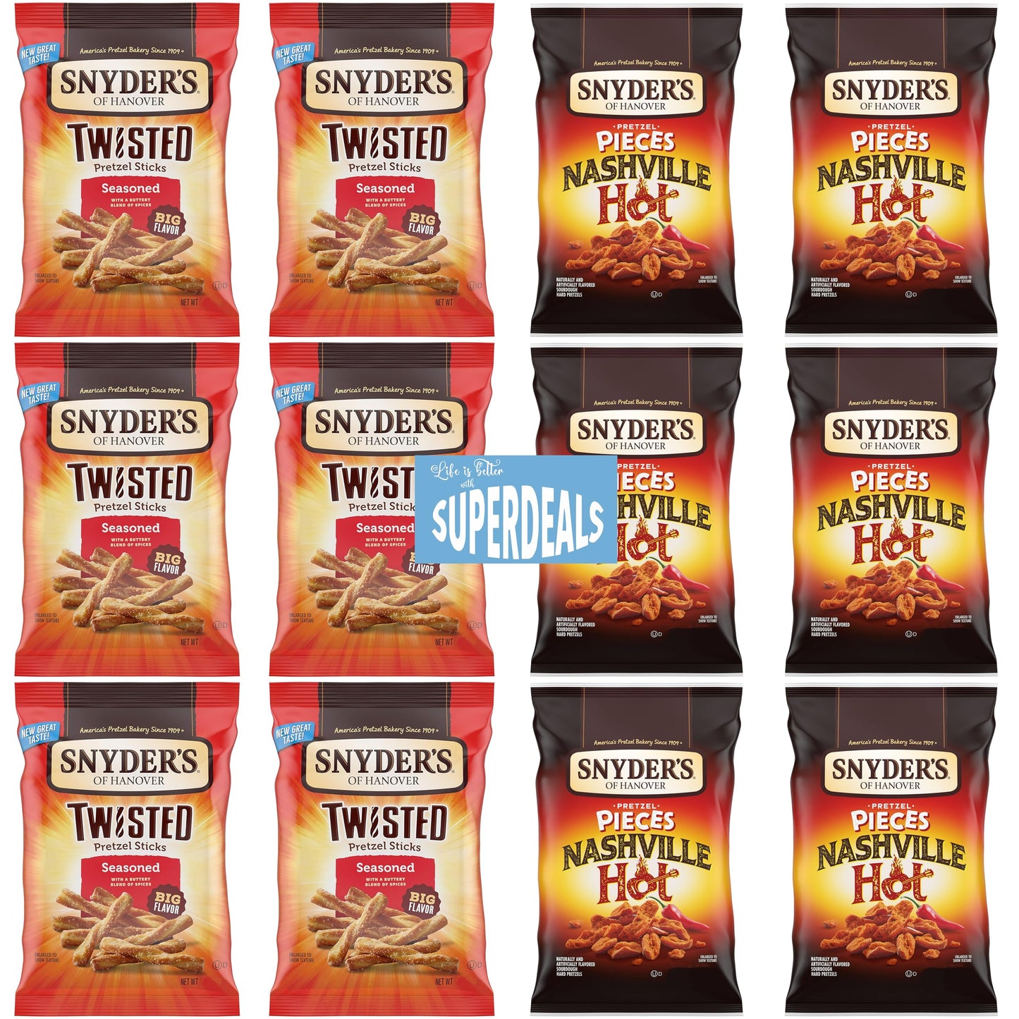 Snyders of Hanover Pretzel Pieces, Variety 12 Pack bundled by SUPERDEALS 6 Seasoned Twisted Pretzel Sticks, 6 Nashville Hot, 2.
