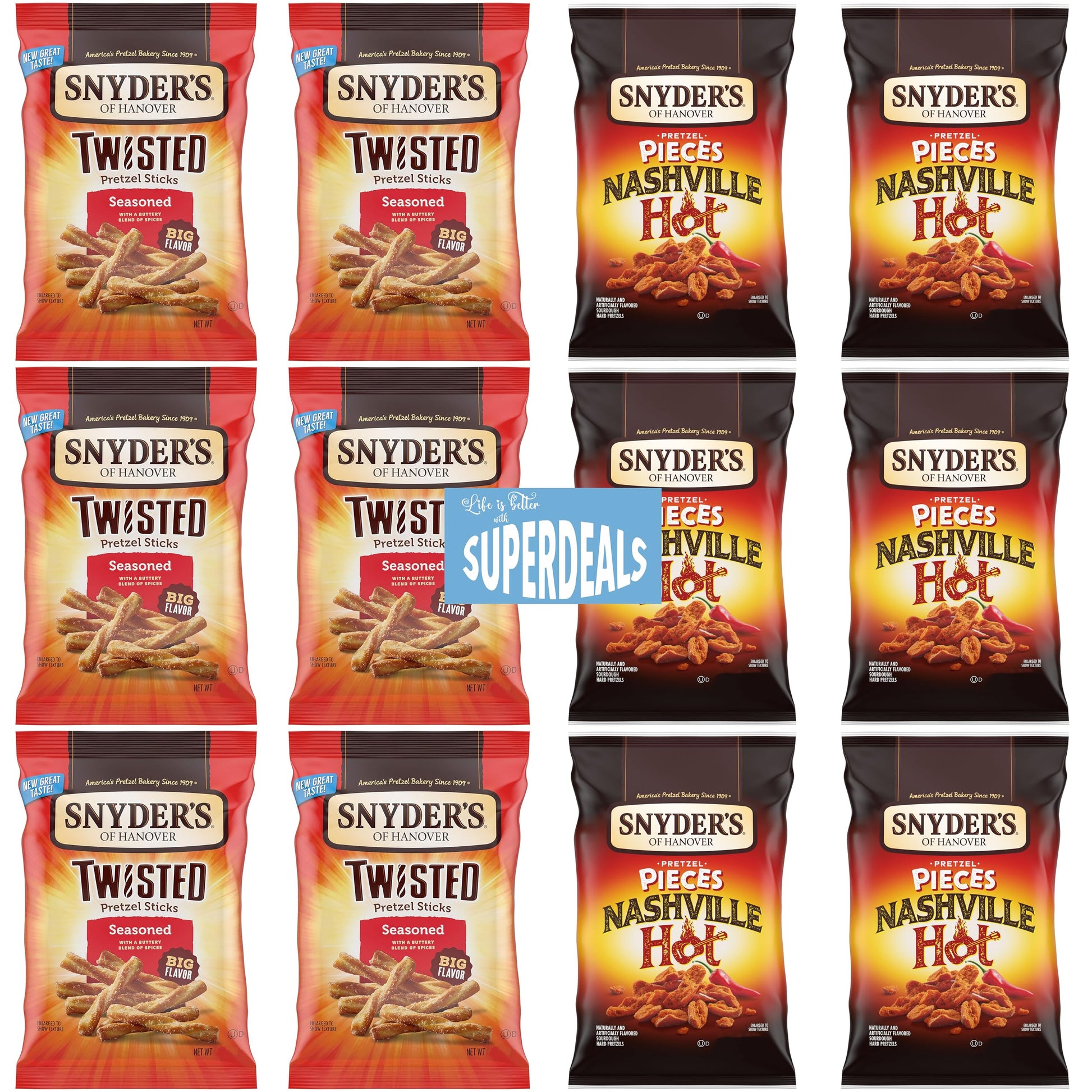 Snyders of Hanover Pretzel Pieces, Variety 12 Pack bundled by SUPERDEALS 6 Seasoned Twisted Pretzel Sticks, 6 Nashville Hot, 2.