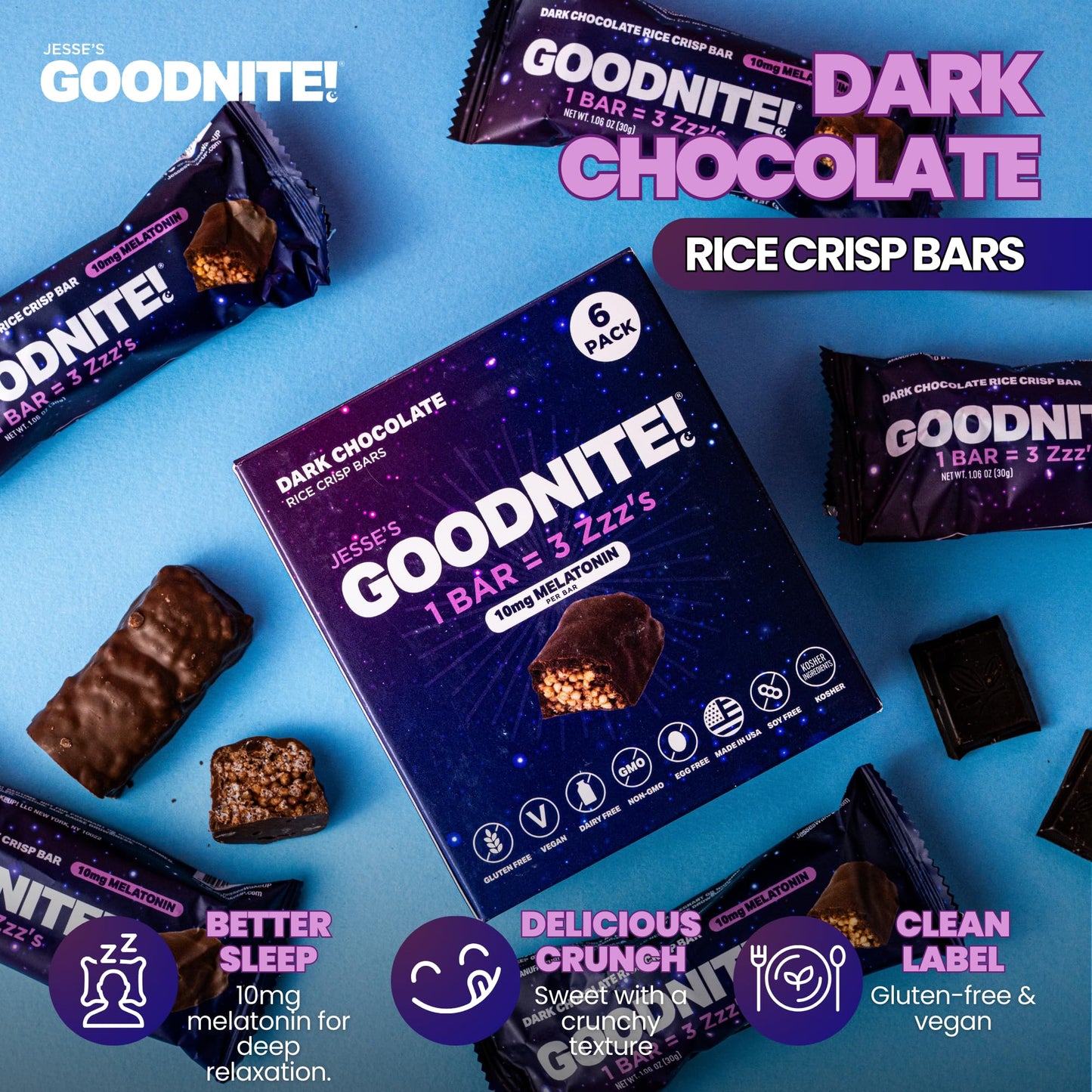Goodnite! Sleep Bars – “The Lullaby Bar – Sleep Faster, Sleep Better” – Dark Chocolate Protein Sleep Snack With 10Mg Melatonin & L-Theanine – Vegan, Gluten-Free, Kosher – 6 Pack