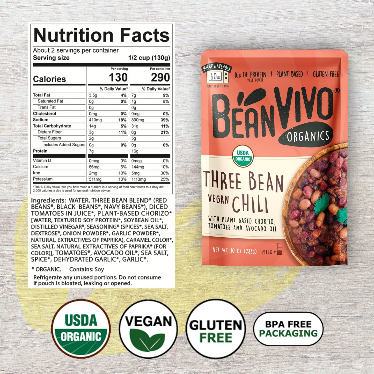 Beanvivo - Organic Three Bean Vegan Chili Pack Of 6 (10 Oz Each) - Seasoned & Ready To Eat Plant Protein Vegan Gluten Free Micro