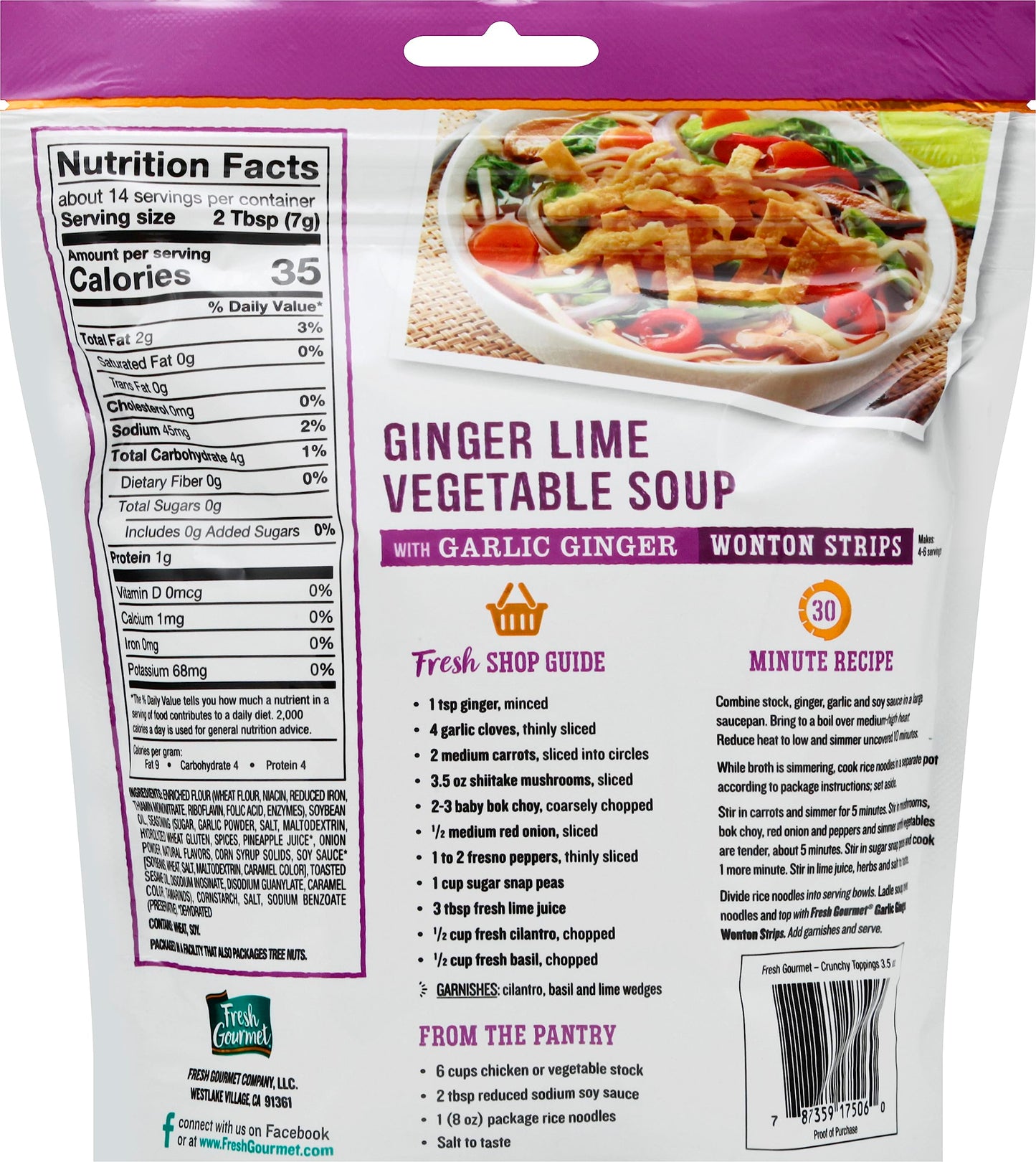 Fresh Gourmet Wonton Strips, Garlic Ginger Flavor, 3.5 Ounce Pack of 6
