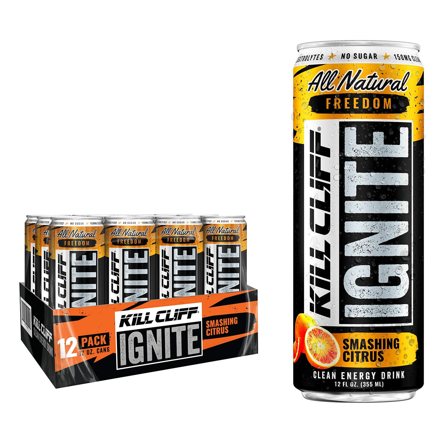 Kill Cliff Ignite Energy Drink, Sugar Free, Green Tea, B Vitamins, 12 Fl Oz, 12 Pack, Smashing Citrus, Orange