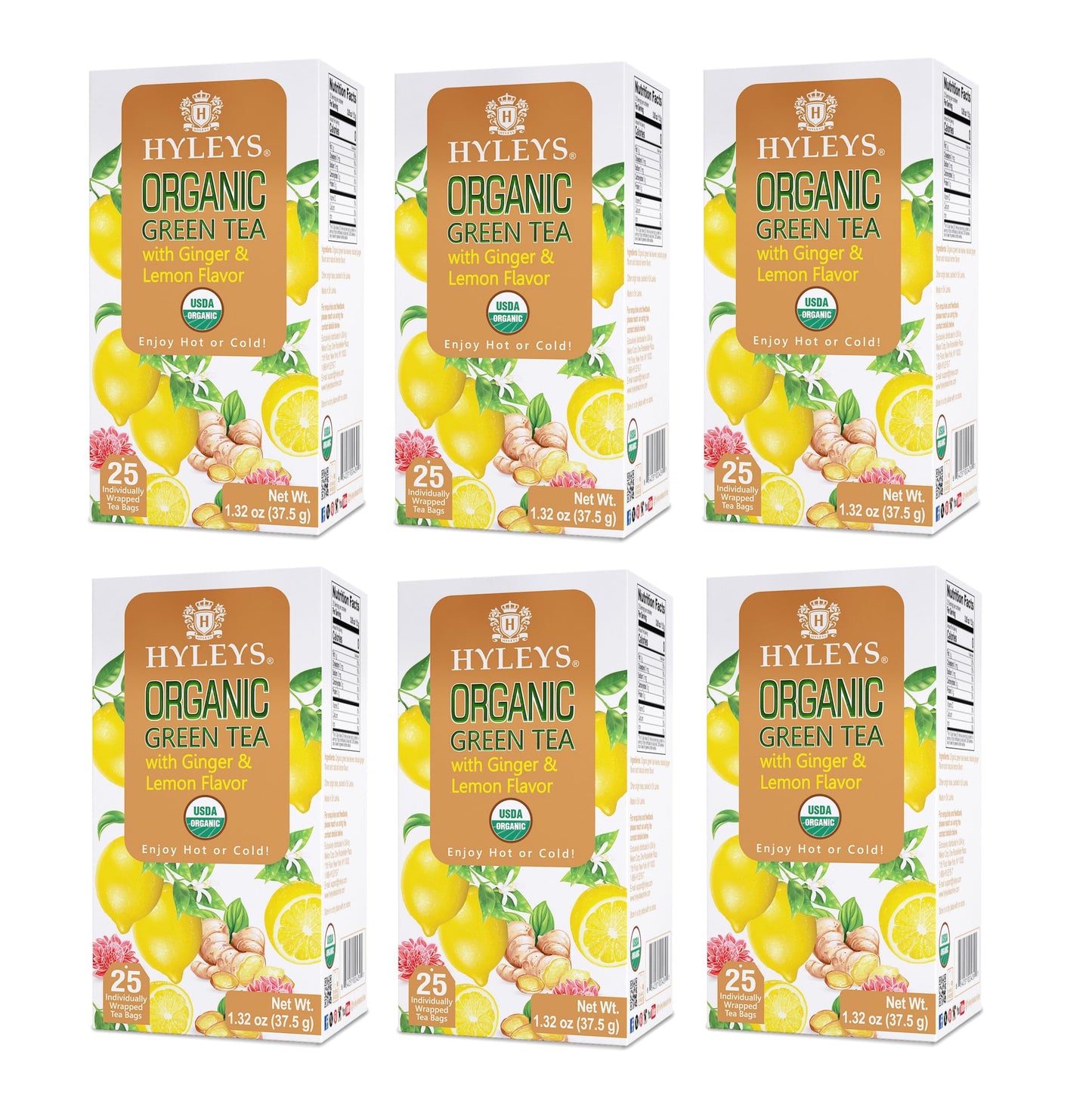Hyleys Organic Green Tea Ginger and Lemon Flavor - 25 Tea Bags - (6 Pack - 150 Tea Bags Total)