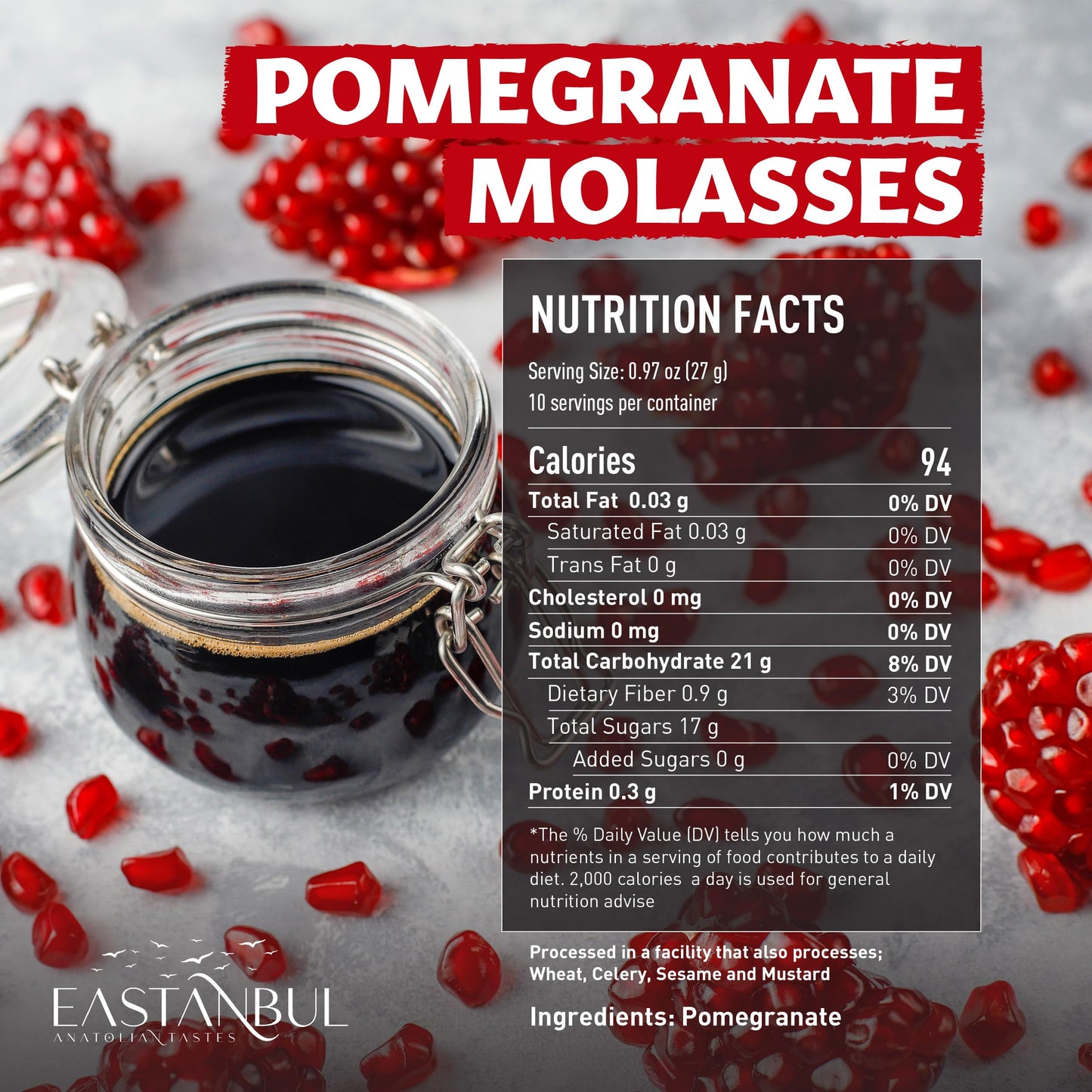 Eastanbul Pomegranate Molasses  9.7oz  No Added Sugar  Mediterranean Pomegranate Syrup  Nar Eksisi Sweet and Sour Sauce  100% Natural  Concentrate  Vegan Sauce  Paste  Salad Dressing  No Additives