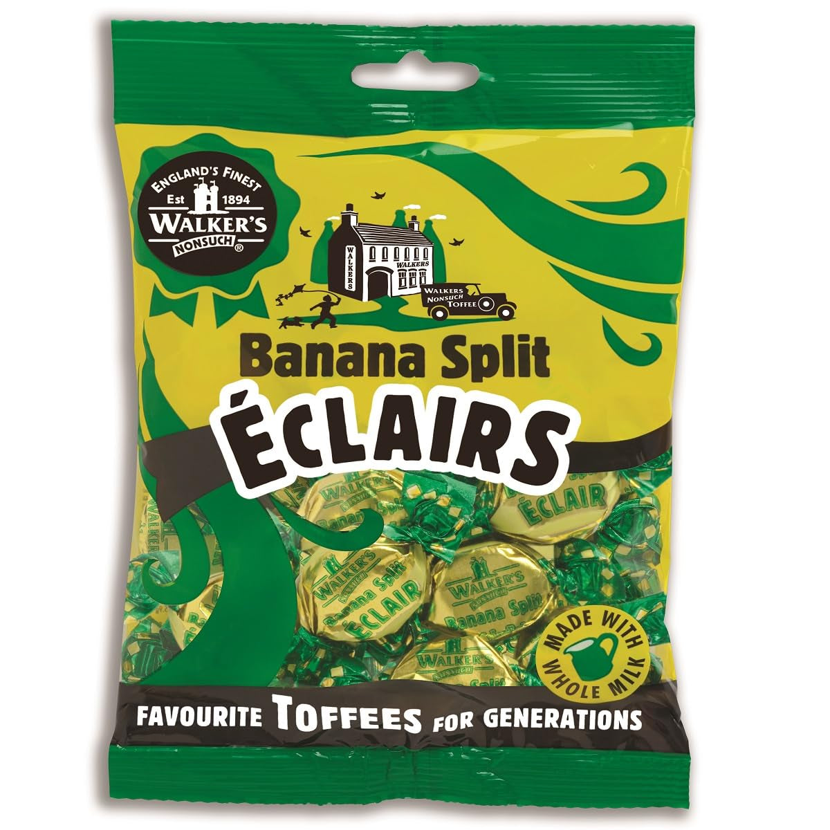 Walkers' Nonsuch Banana Split Eclairs | With Condensed Milk & White Chocolate | Flavored Taffy Chewy | Imported From The Uk | En