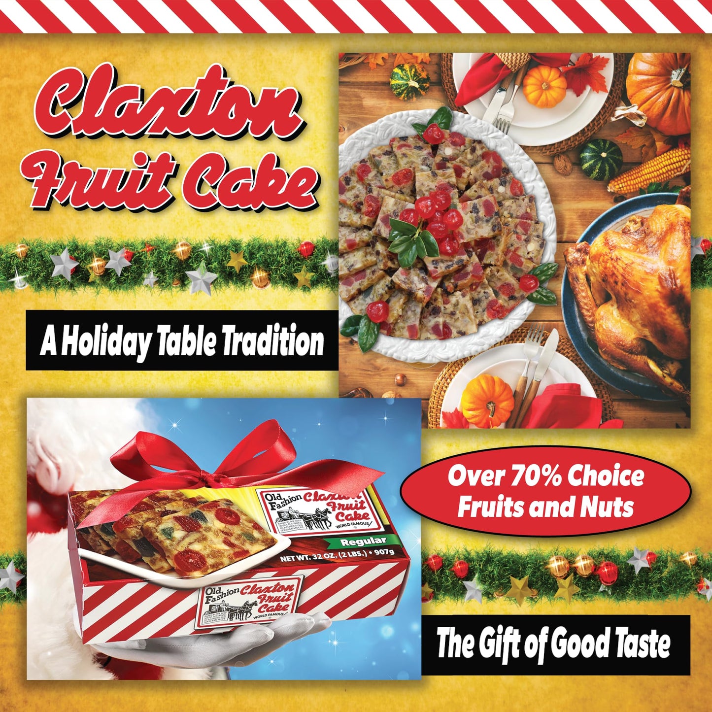 Old Fashion Claxton Fruit Cake - 1 Lb. Dark Recipe - Wrapped for Freshness in our Signature Claxton Carton