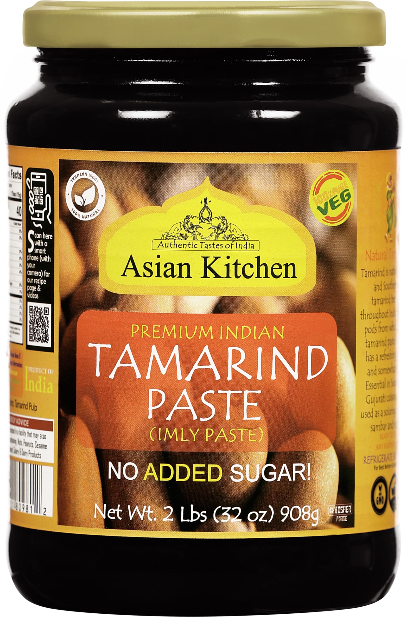 Asian Kitchen Tamarind Paste Puree (Imli) 32oz (908g) 2lbs Glass Jar, Gluten Free, No added sugar ~ All Natural | Vegan | NON-GM