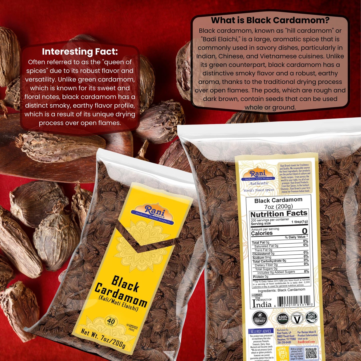 Rani Black Cardamom Pods (Kali Elachi) Whole Indian Spice 7Oz (200G) ~ All Natural | Vegan | Gluten Friendly | Non-Gmo | Indian Origin ~ Smokey | Tsaoko | Cao Guo | Bach Dan Khau | Badi