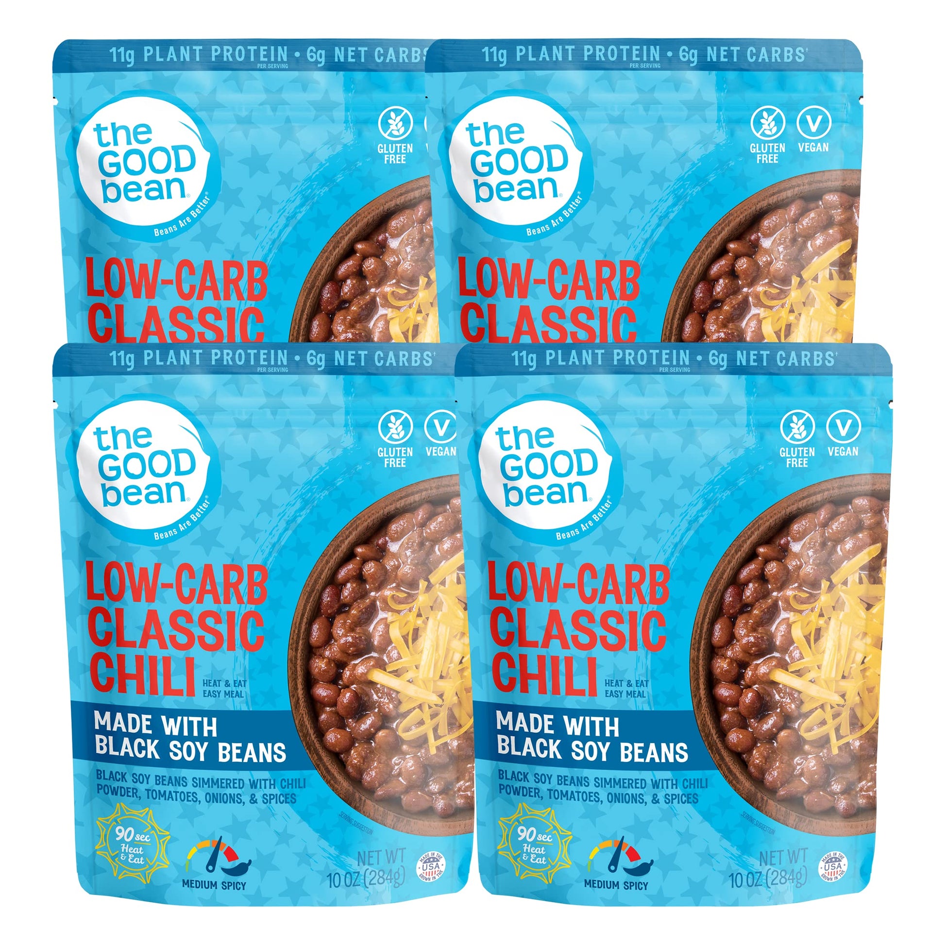 The Good Bean Heat And Eat Pouch - Low-Carb Classic Chili - (4 Pack) 10 Oz Pouch - Simmered Black Soybeans With Chili Powder - Pre-Cooked Beans With Good Source Of Plant Protein And Fiber