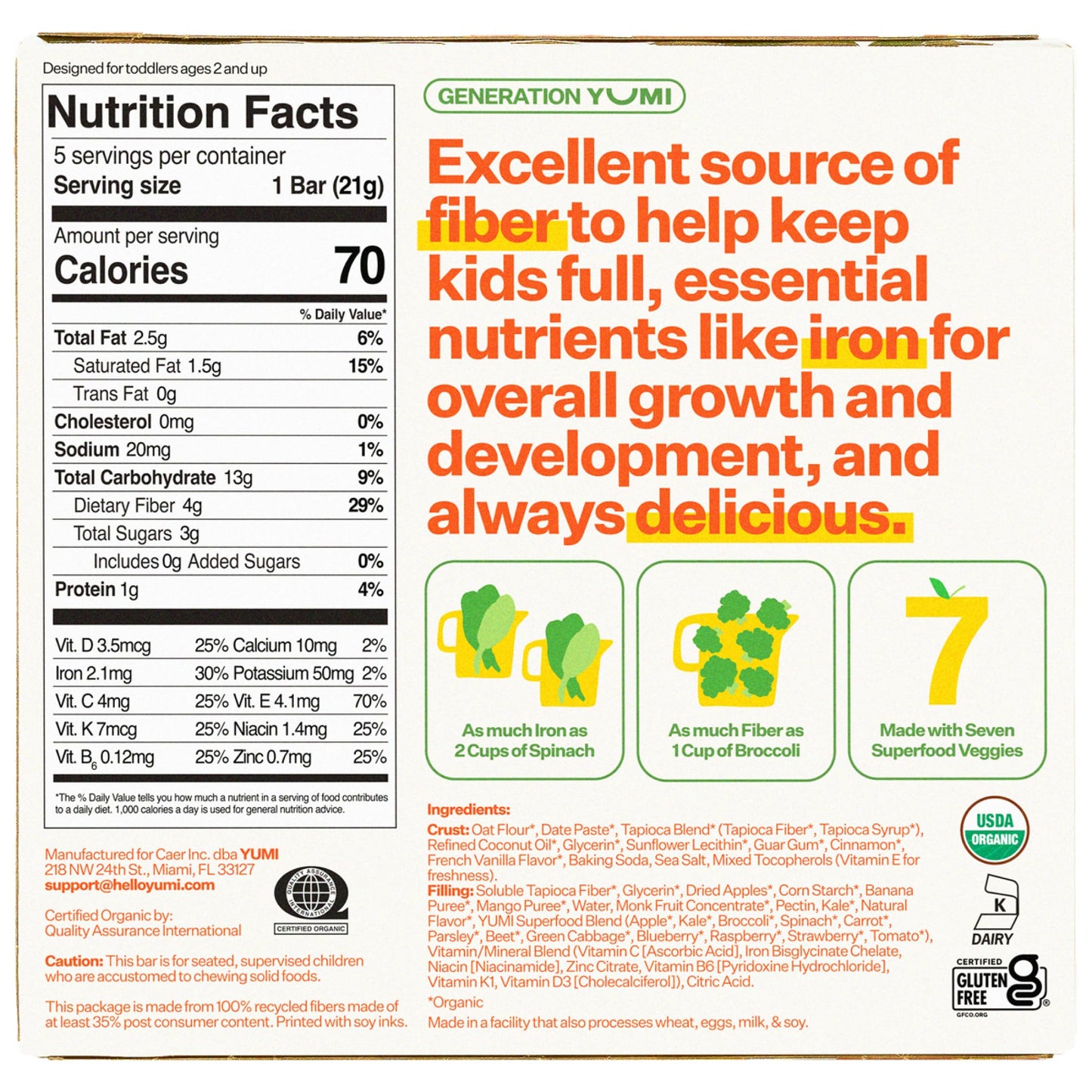 YUMI Organic Toddler Snack Bars - Gluten-Free, No Added Sugar, Soft-Baked, Mango & Kale, 30 Count, Green