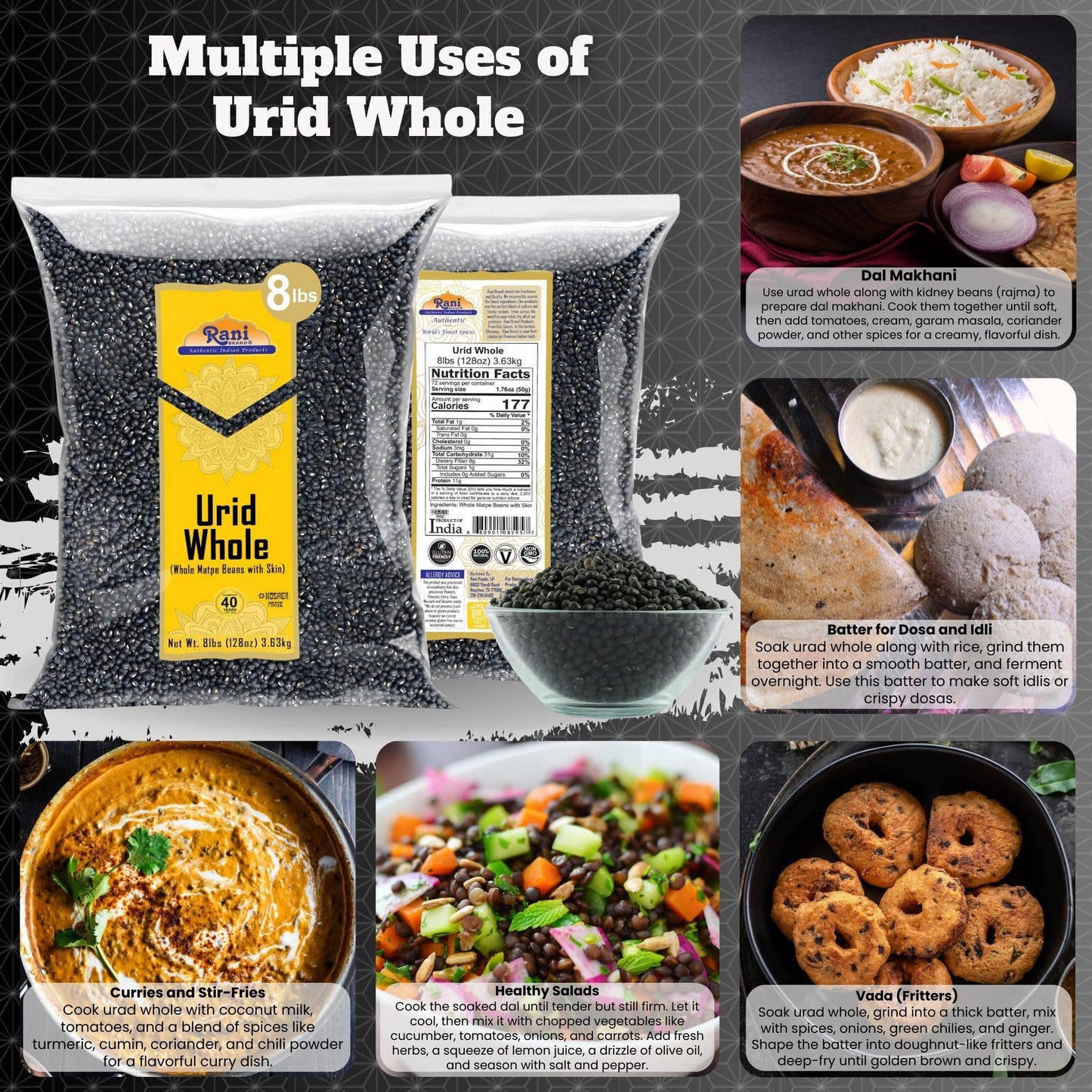 Rani Urid/Urad Whole Black (Matpe Beans with Skin) Indian Lentils 128oz (8lbs) 3.63kg Bulk ~ All Natural | Gluten Friendly | Non