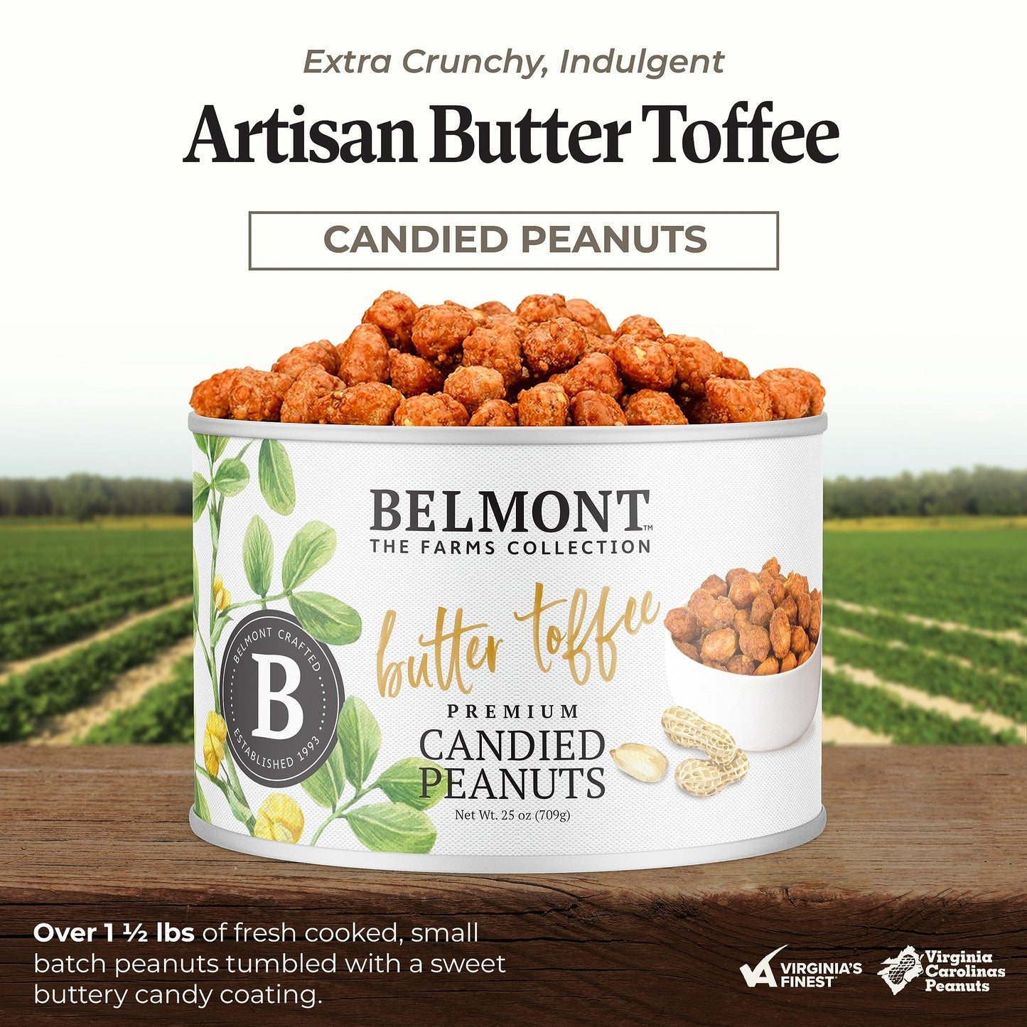 Belmont Peanuts Gourmet Butter Toffee Candied Peanuts, 25 oz, 4 Ingredients, No Preservatives, Crunchy Snack