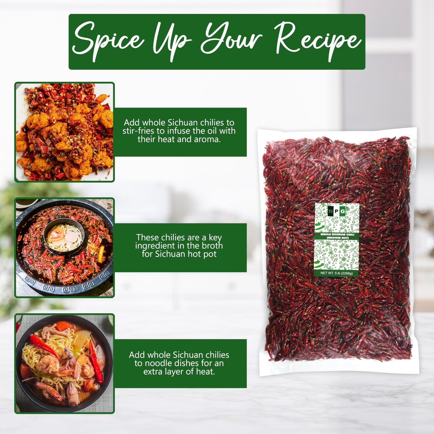 Npg Dried Sichuan Red Chili Peppers Whole 5 Pound, Medium Hot, Capsicum Annuum Used In Mexican, Chinese, Thai Dishes, Premium Sz