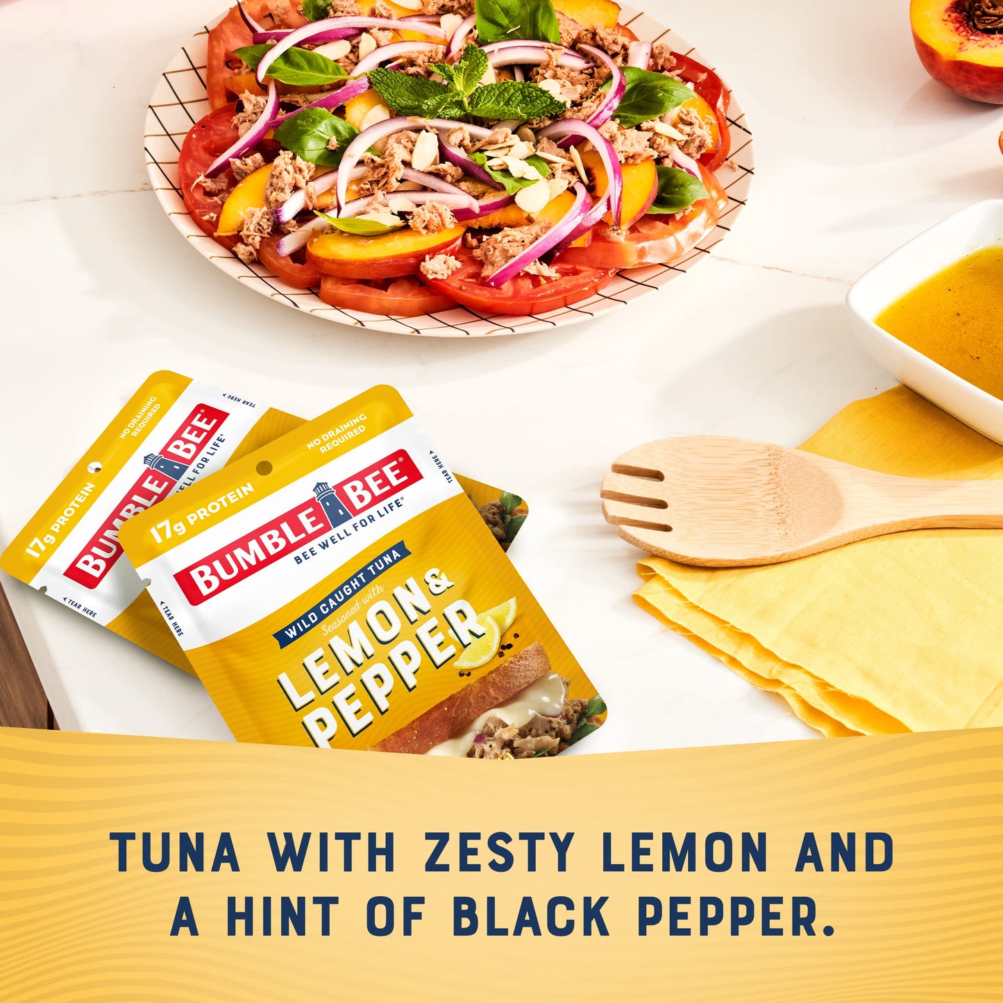 Bumble Bee Lemon & Pepper Seasoned Tuna, 2.5 oz Pouches (Pack of 12) - Ready to Eat - Wild Caught Tuna Packet - 17g Protein per