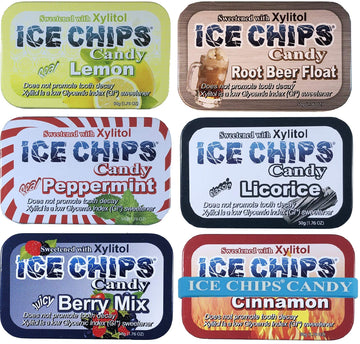 Ice Chips Xylitol Candy 6 Tins (Variety Pack); Low Carb, Gluten Free - Includes Ice Chips Band As Shown