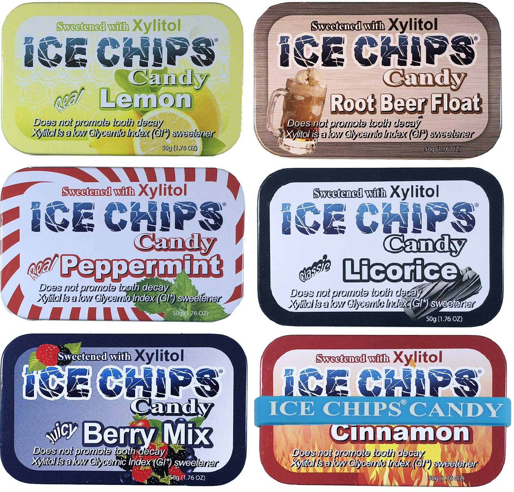 ICE CHIPS Xylitol Candy Variety Pack, 6 Tins, 10.56 oz Total, Multicolor