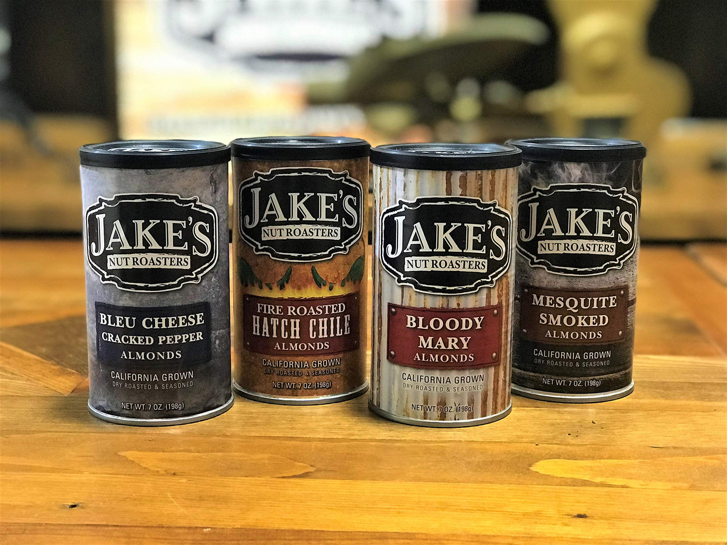 Jakes Nut Roasters Savory Mixed Pack Almonds Variety (4 Pack) - Includes Bloody Mary, Mesquite Smoked, Bleu Cheese, Hatch Chile - 7 Ounce