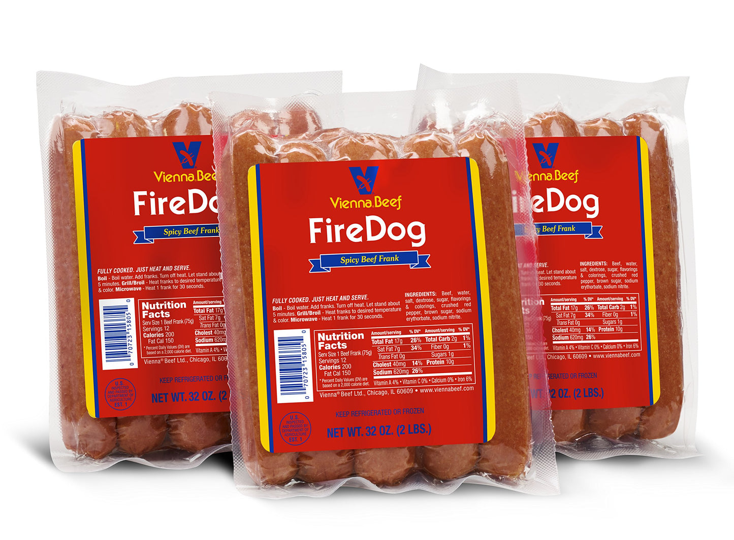 Vienna Beef FireDog Spicy Jumbo Franks, 6 6:1, 2 lbs. each, 3 Pack