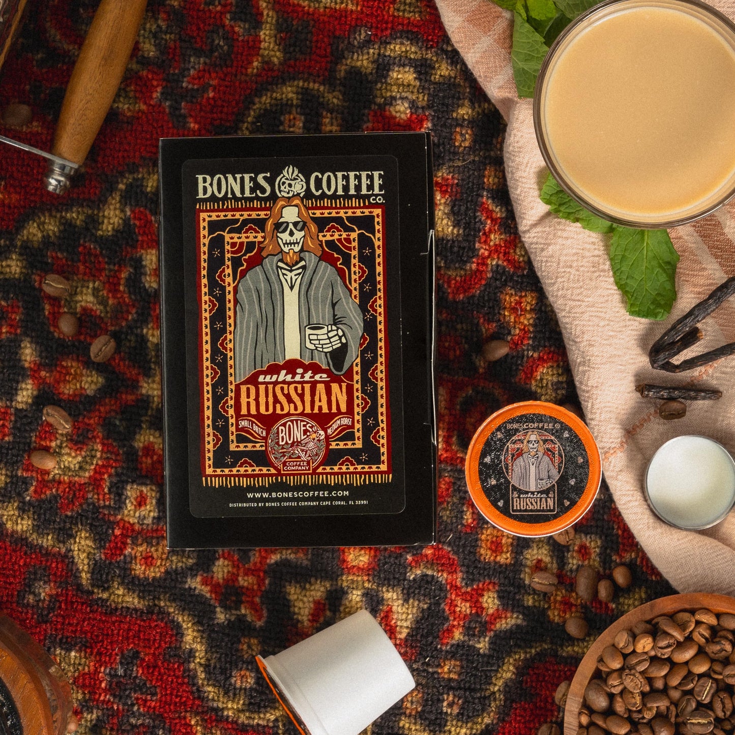 Bones Coffee Company Flavored Coffee Bones Cups White Russian Flavored Pods | 12Ct Single-Serve Coffee Pods Compatible With Keur