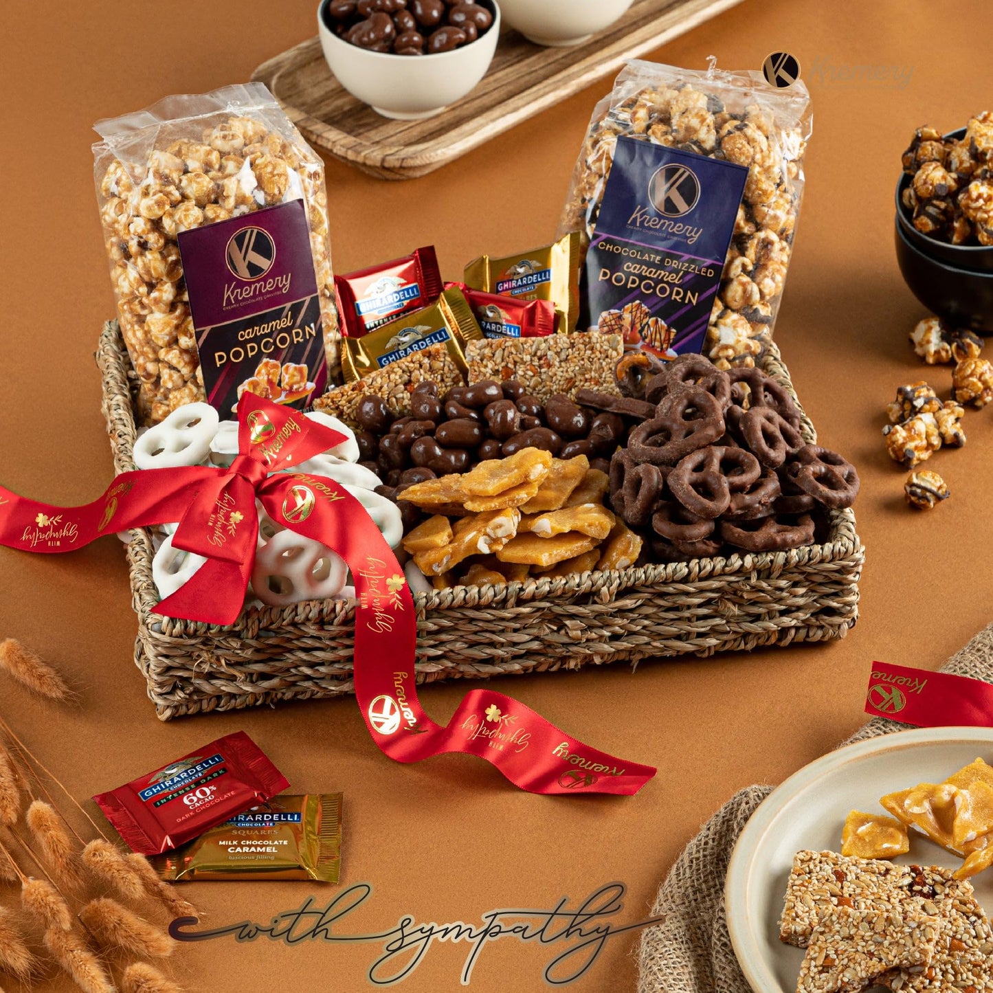 Nut Cravings KREMERY Sympathy Gift Basket - Chocolate Pretzels & Caramel Popcorn, Deluxe 3.5 lbs, Seagrass Tray with Ribbon & Card