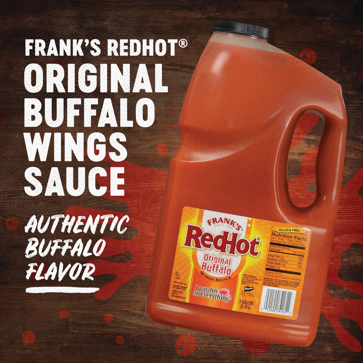 Franks RedHot Buffalo Wings Sauce, 1 Gallon Bulk Container, Spicy Flavor, Perfect for Wings, Dressings, Dips, Red Color