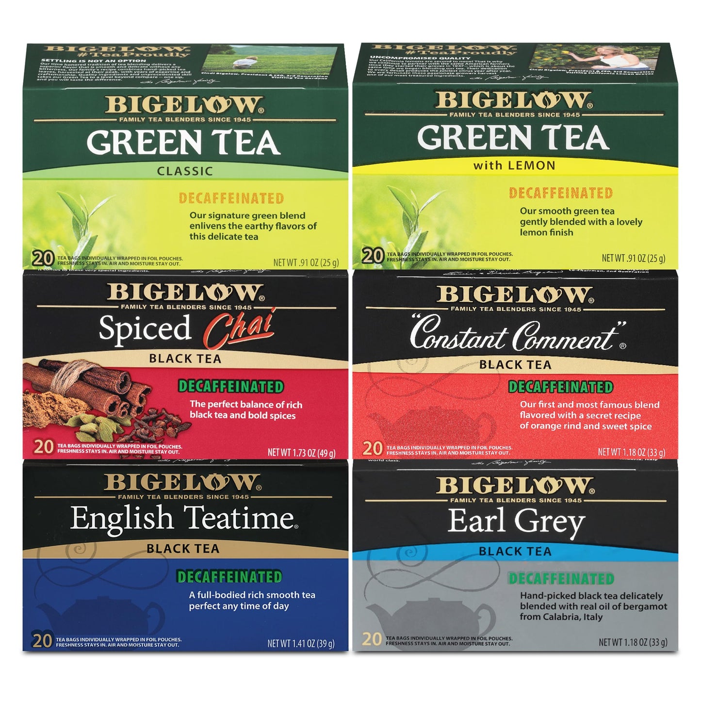 Bigelow Tea Decaffeinated Variety Pack, 6 Flavors, 20 Count Box (Pack of 6), 120 Total Tea Bags
