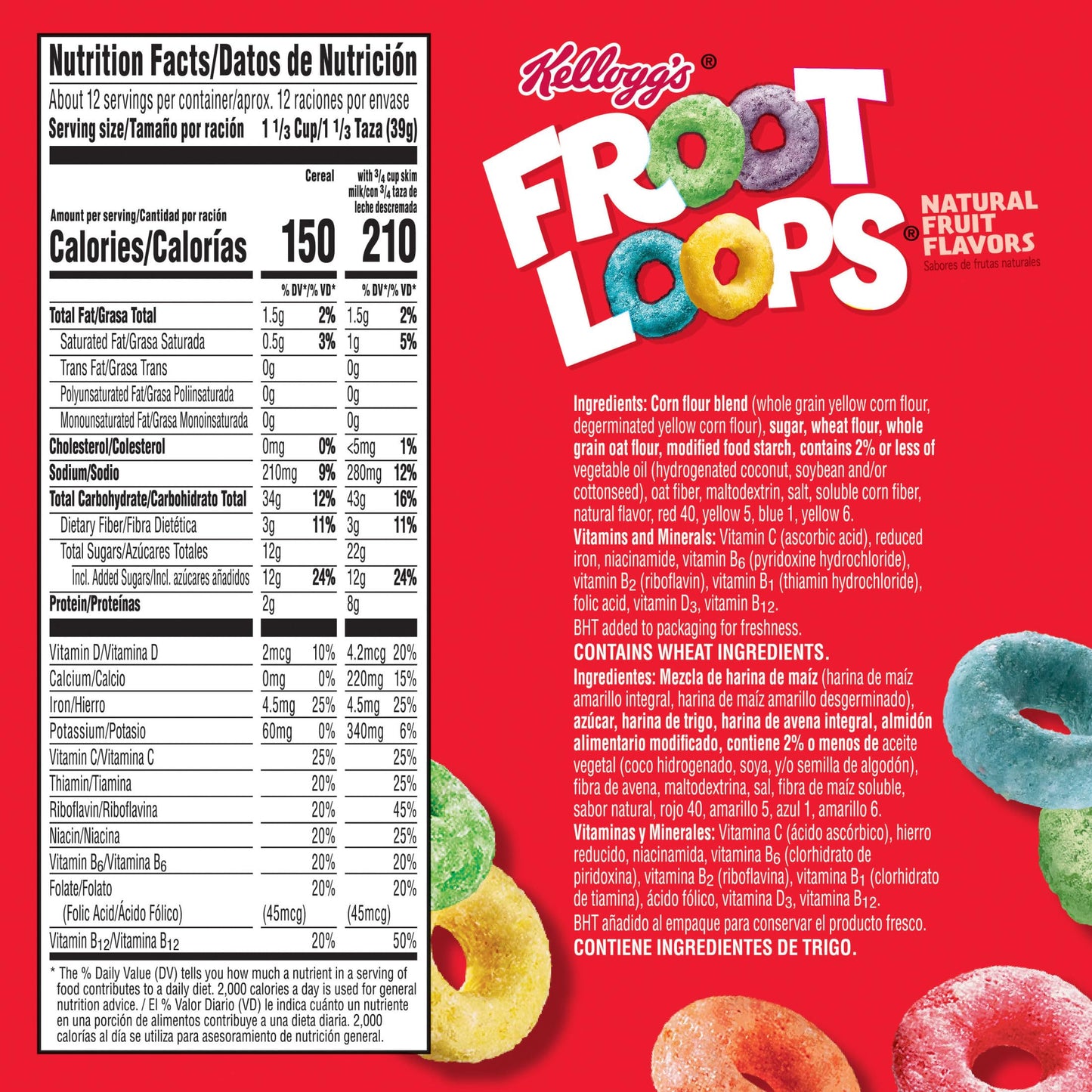 Kelloggs Froot Loops Breakfast Cereal, Good Source of Fiber, 15g Whole Grain, Family Size, 16.6 oz