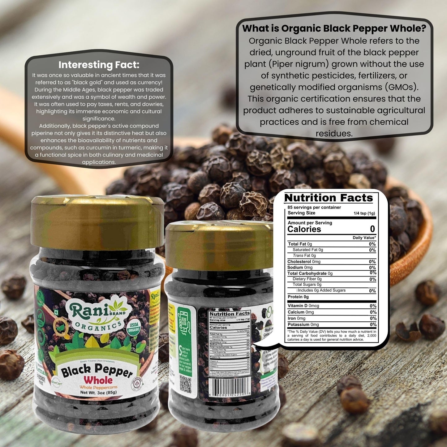 Rani Organic Black Pepper Whole, Premium MG-1 Grade, 3oz (85g) PET Jar, Non-GMO, USDA Organic, Gluten Friendly, Kosher, Product of Vietnam
