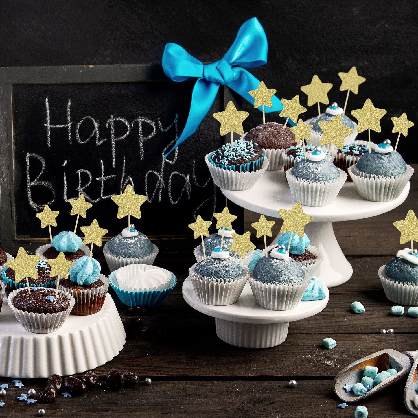 Gyufise 42Pcs Star Cupcake Toppers Gold Glitter Assembled Twinkle Star Cupcake Picks Wedding Engagement Bridal Shower Birthday P