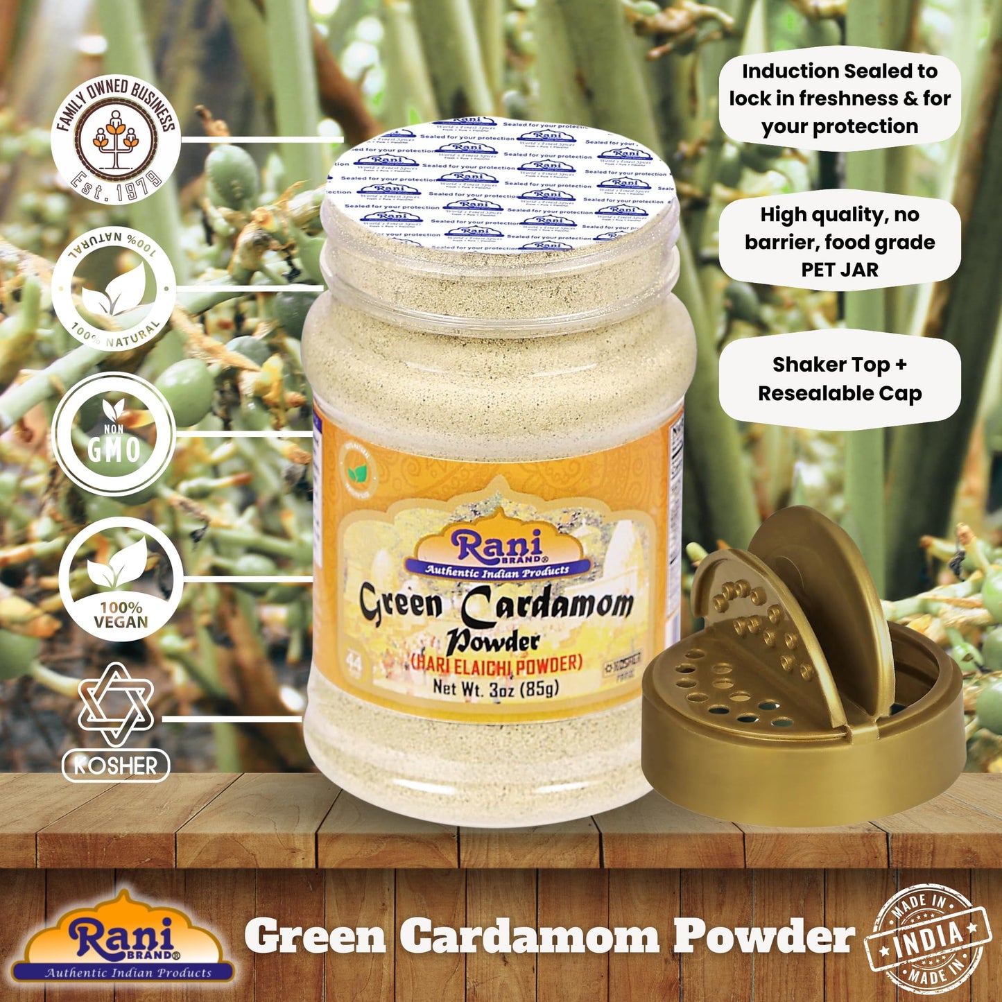 Rani Green Cardamom Pods Powder, Ground With Green Husks (Hari Elachi) 3Oz (85G) Pet Jar ~ All Natural | Vegan | Gluten Friendly