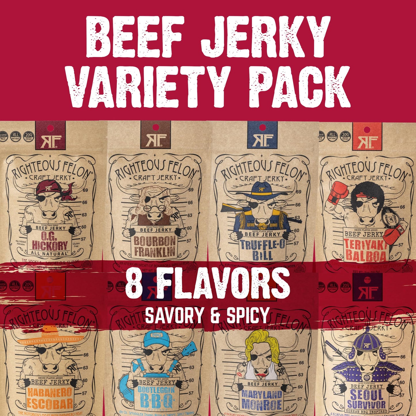 Righteous Felon Beef Jerky Variety Pack | Gluten Free, High Protein, Keto-Friendly | 2 Ounce (Pack of 8)