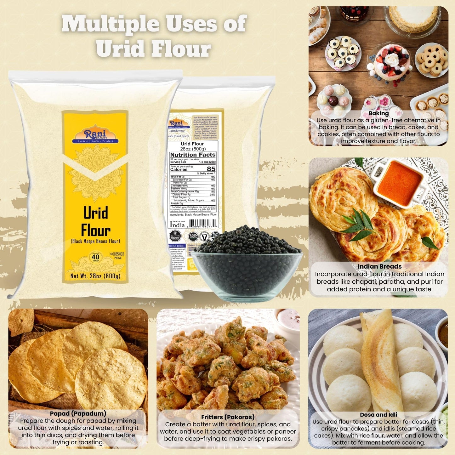 Rani Urid/Urad Flour (Black Matpe Beans Flour) 28Oz (1.75Lbs) 800G ~ All Natural | Vegan | Gluten Friendly | Non-Gmo | Kosher |