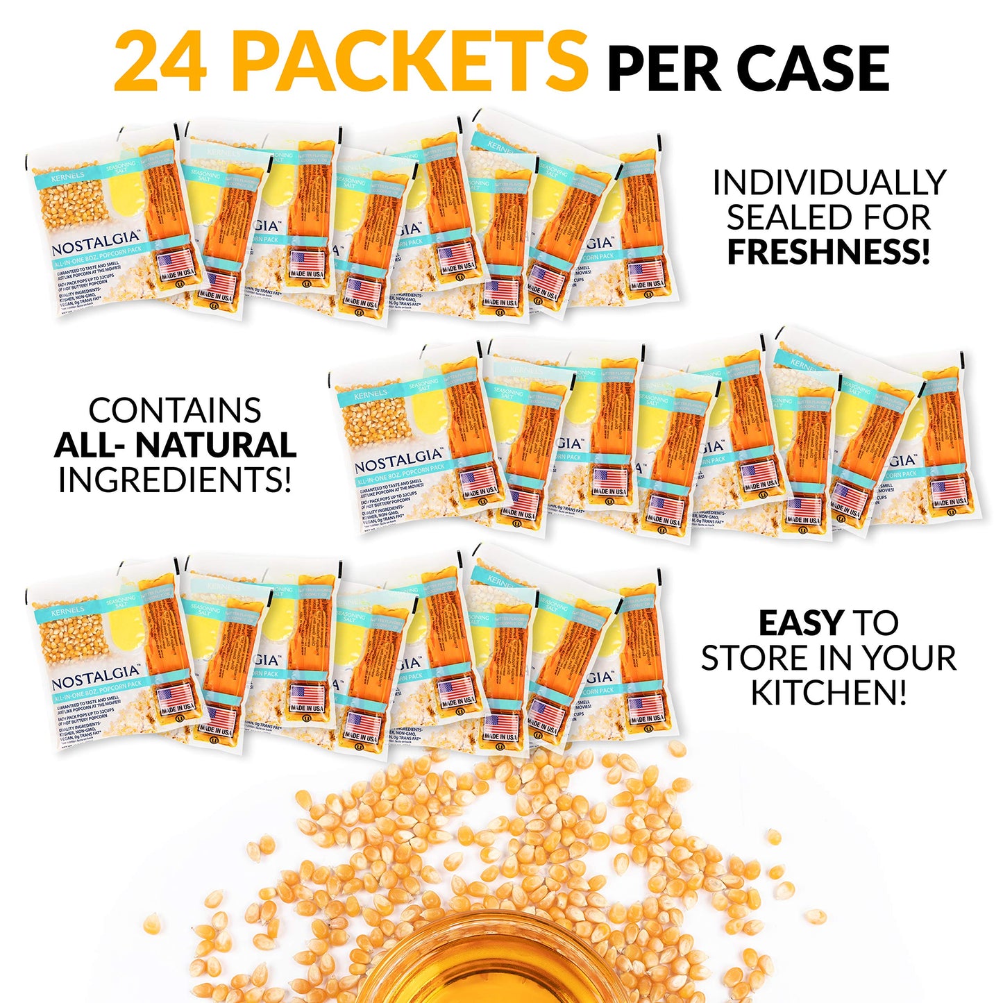 Nostalgia KPP824 Premium Popcorn Packs - 8 Ounce (24 Count) - Yellow Oil & Seasoning Salt