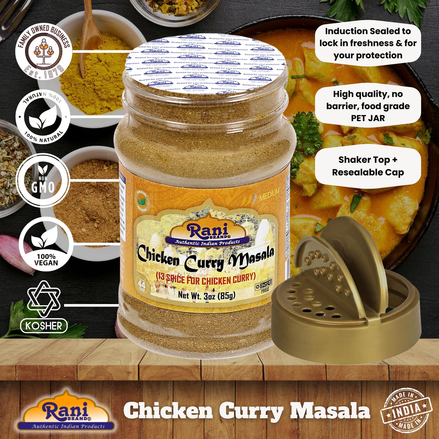 Rani Chicken Curry Masala 13-Spice Blend, All Natural, Vegan, 3oz (85g) PET Jar